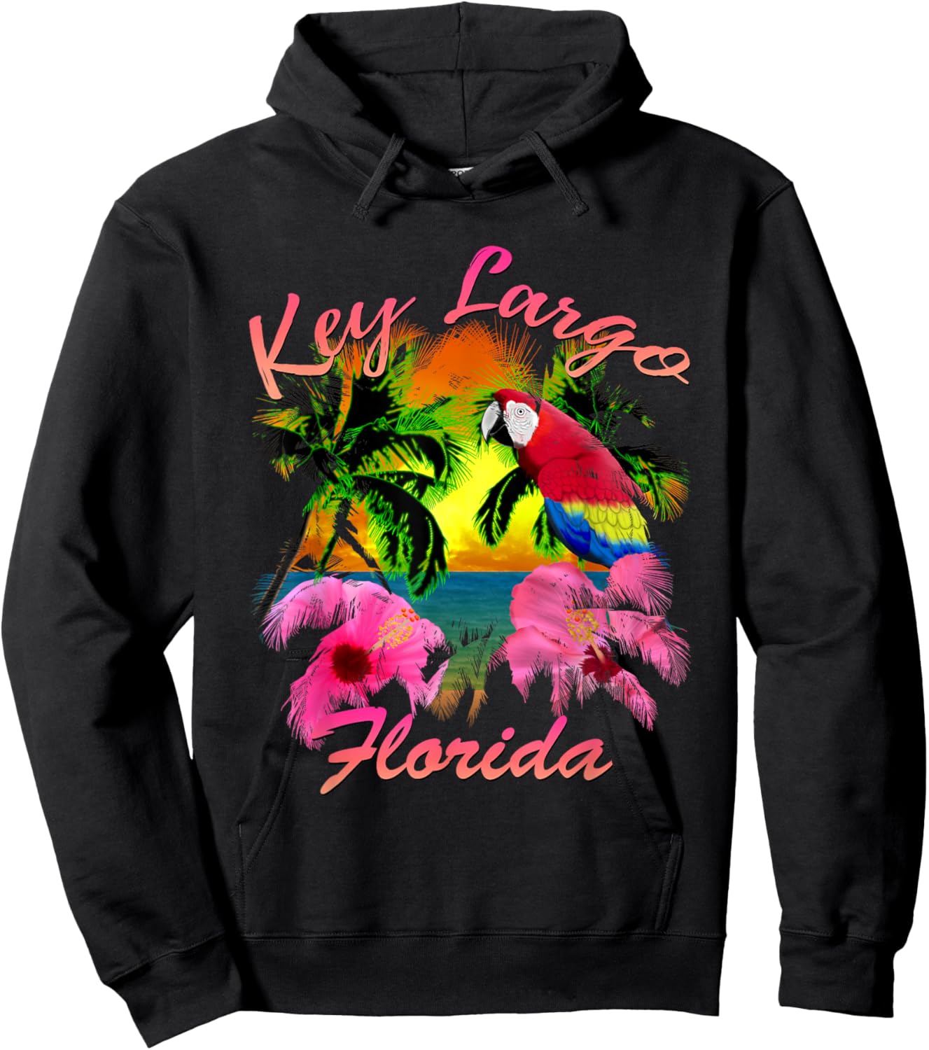 Key Largo Beach Sunset with Colorful Parrot Women Kids Hoodie - Hoodie | Black