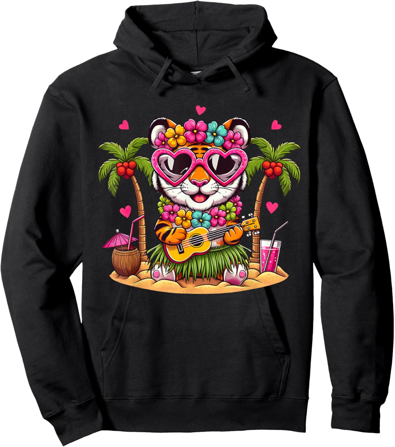 Funny Tiger Hawaiian Costume Kids Summer Vacation Tiger Hoodie - Hoodie | Black