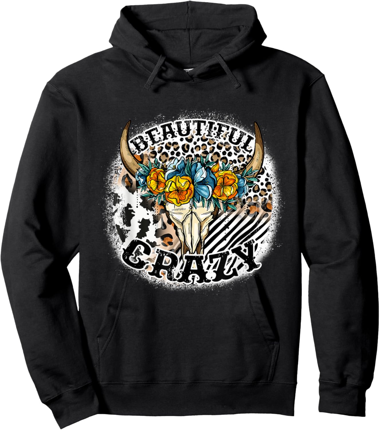 Beautiful Bull Skull Flower Crazy Cow Skull Leopard-Print Hoodie - Hoodie | Black