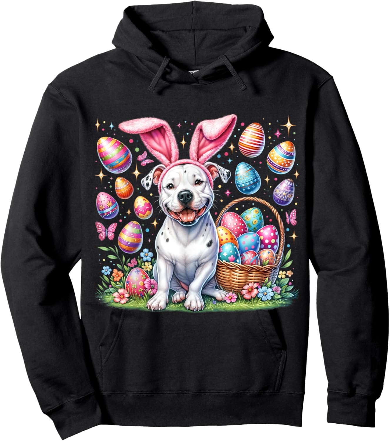 Cute Bunny Pitbull Dog Easter Eggs Basket Easter Day Delight Women Kids Hoodie - Hoodie | Black