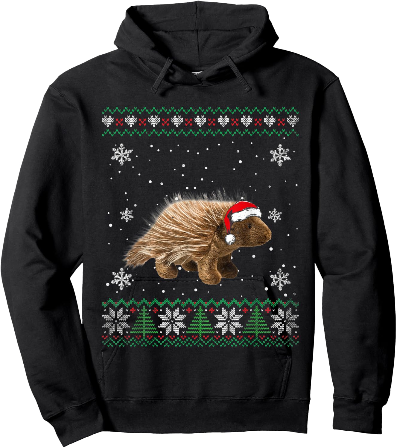 Santa Porcupine Ugly Sweater Animals Christmas Pajama Hoodie - Hoodie | Black