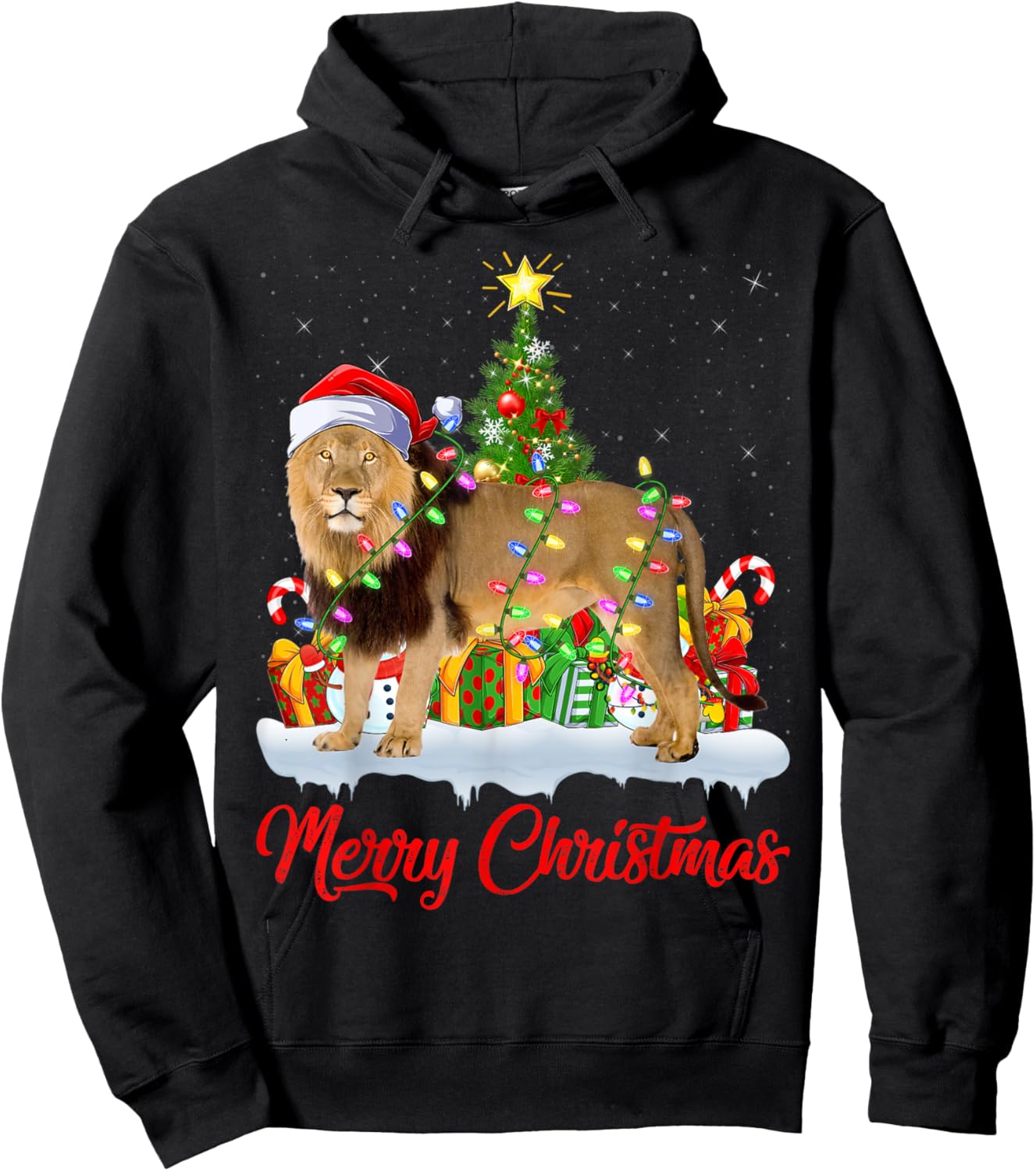 Lion Xmas Tree Lighting Santa Lion Christmas Hoodie - Hoodie | Black