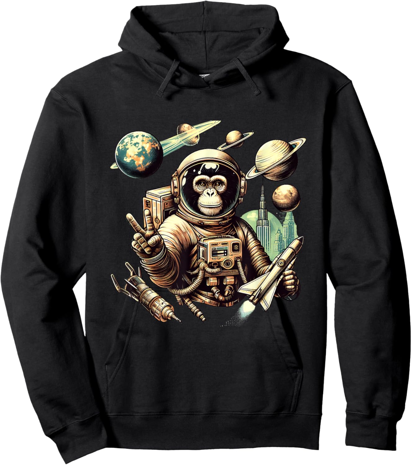 Space Vintage Travel Astronaut Monkey Holding Spaceship Hoodie - Hoodie | Black