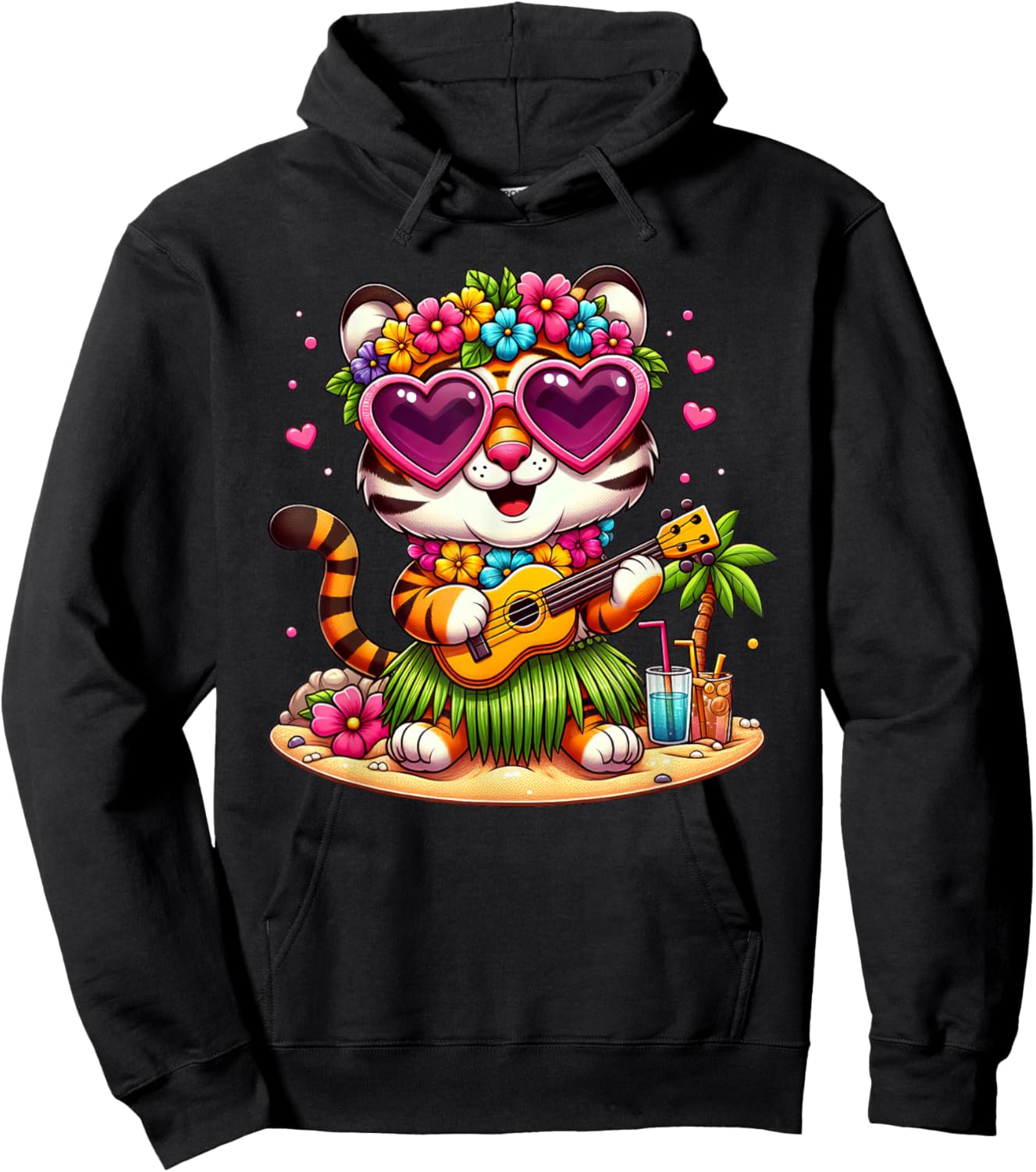 Funny Tiger Hawaiian Costume Kids Summer Vacation Tiger Hoodie - Hoodie | Black