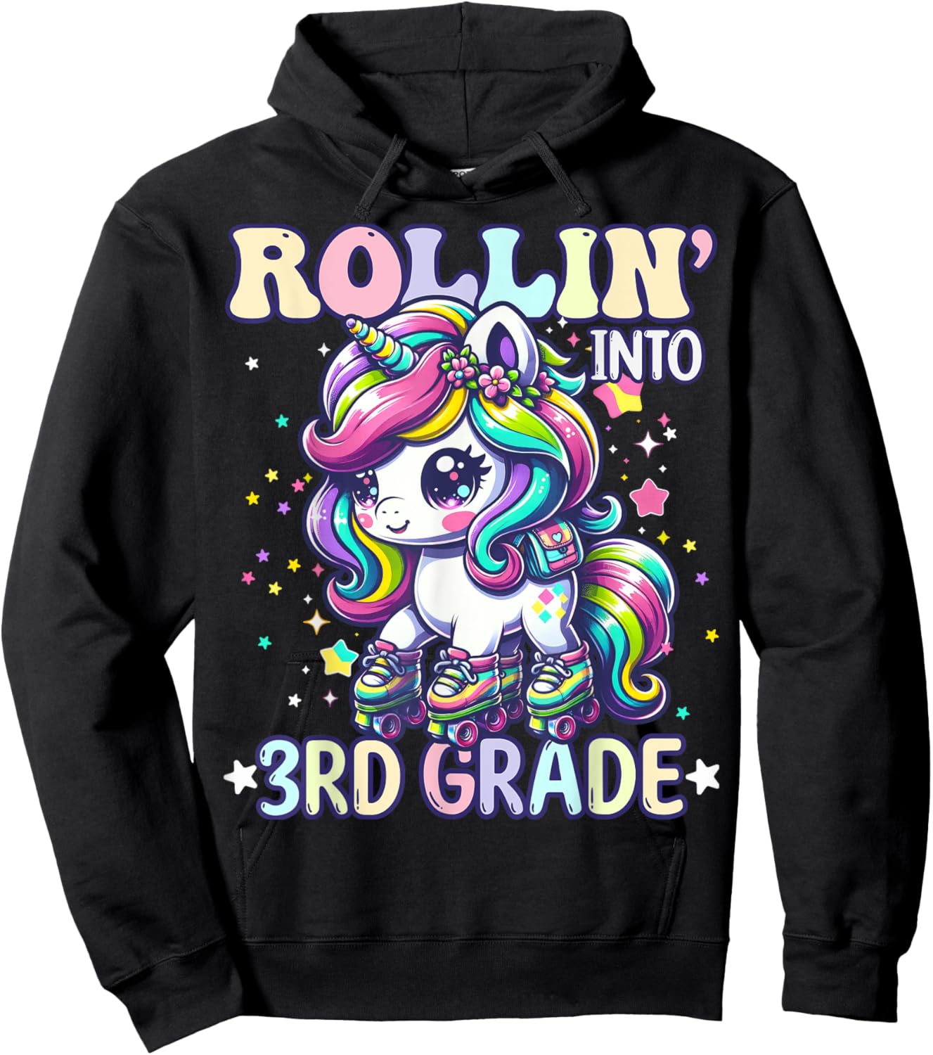 3rd Grade Back To School First Day Girl Rollin Unicorn Hoodie - Hoodie | Black