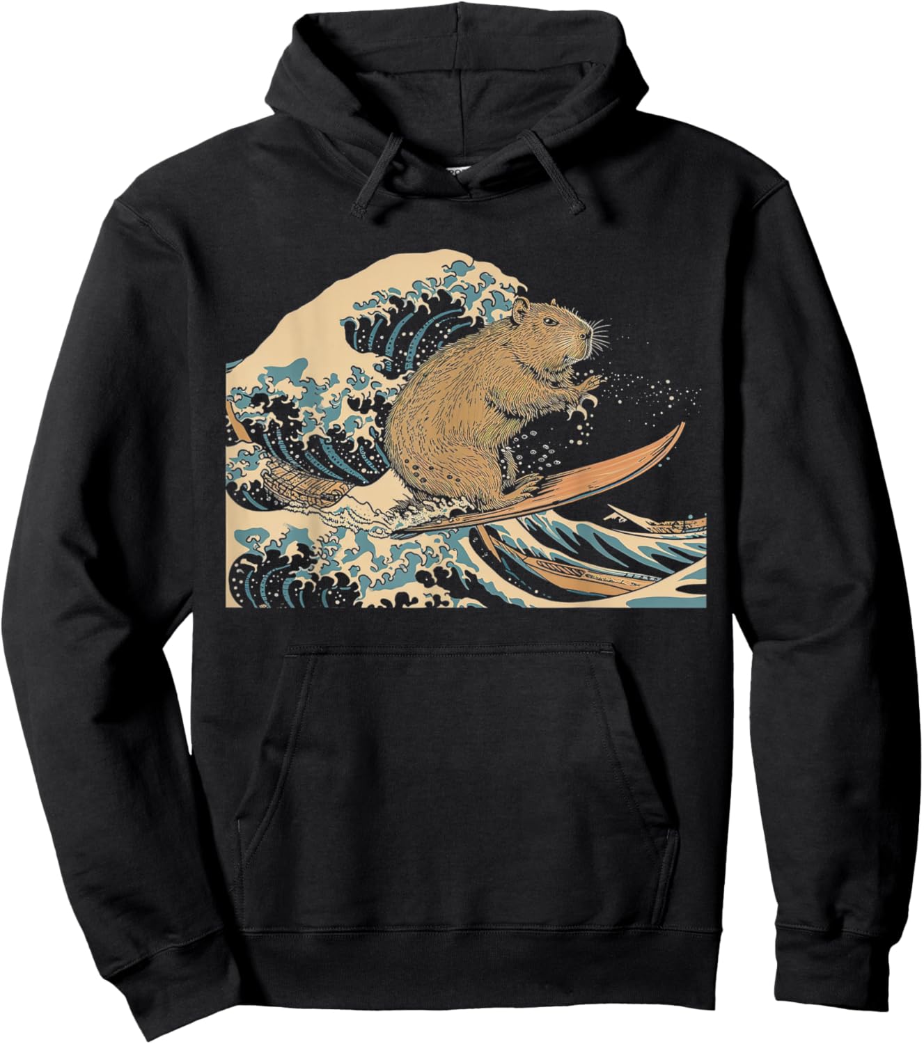 Capybara Surfing Japanese Wave Surfer Animal Funny Capybara Hoodie - Hoodie | Black