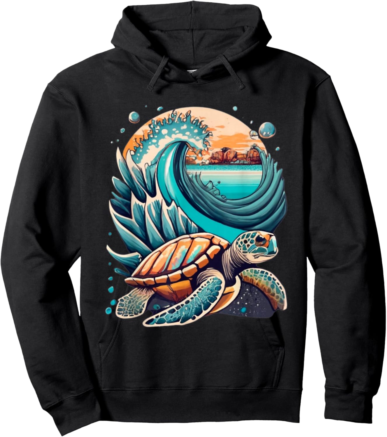 Seaturtle, with waves, sun and beach in the background Women Kids Hoodie - Hoodie | Black