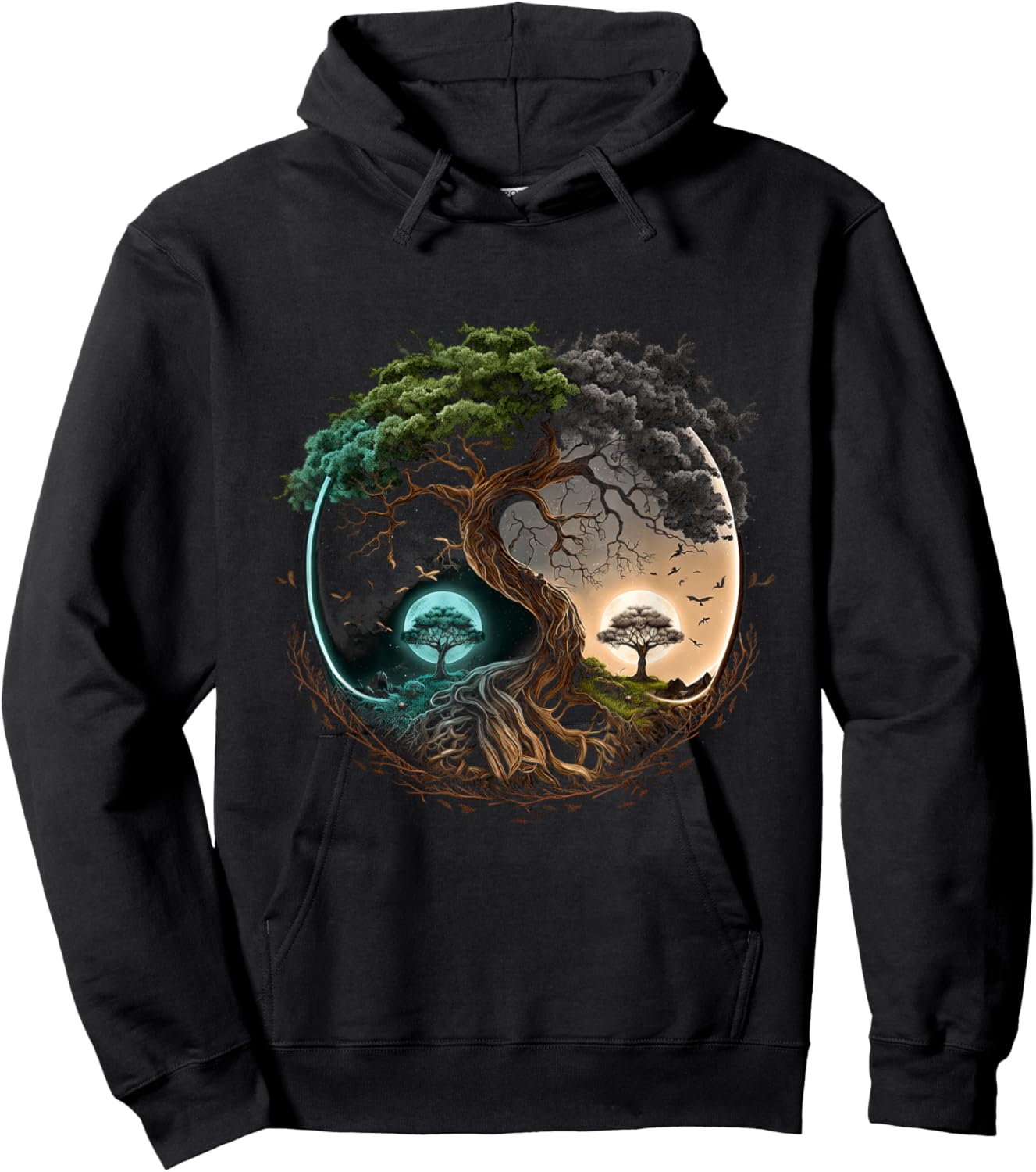 Tree Life Yin Yang Moon Sun Day And Night Bonsai Japanese Hoodie - Hoodie | Black
