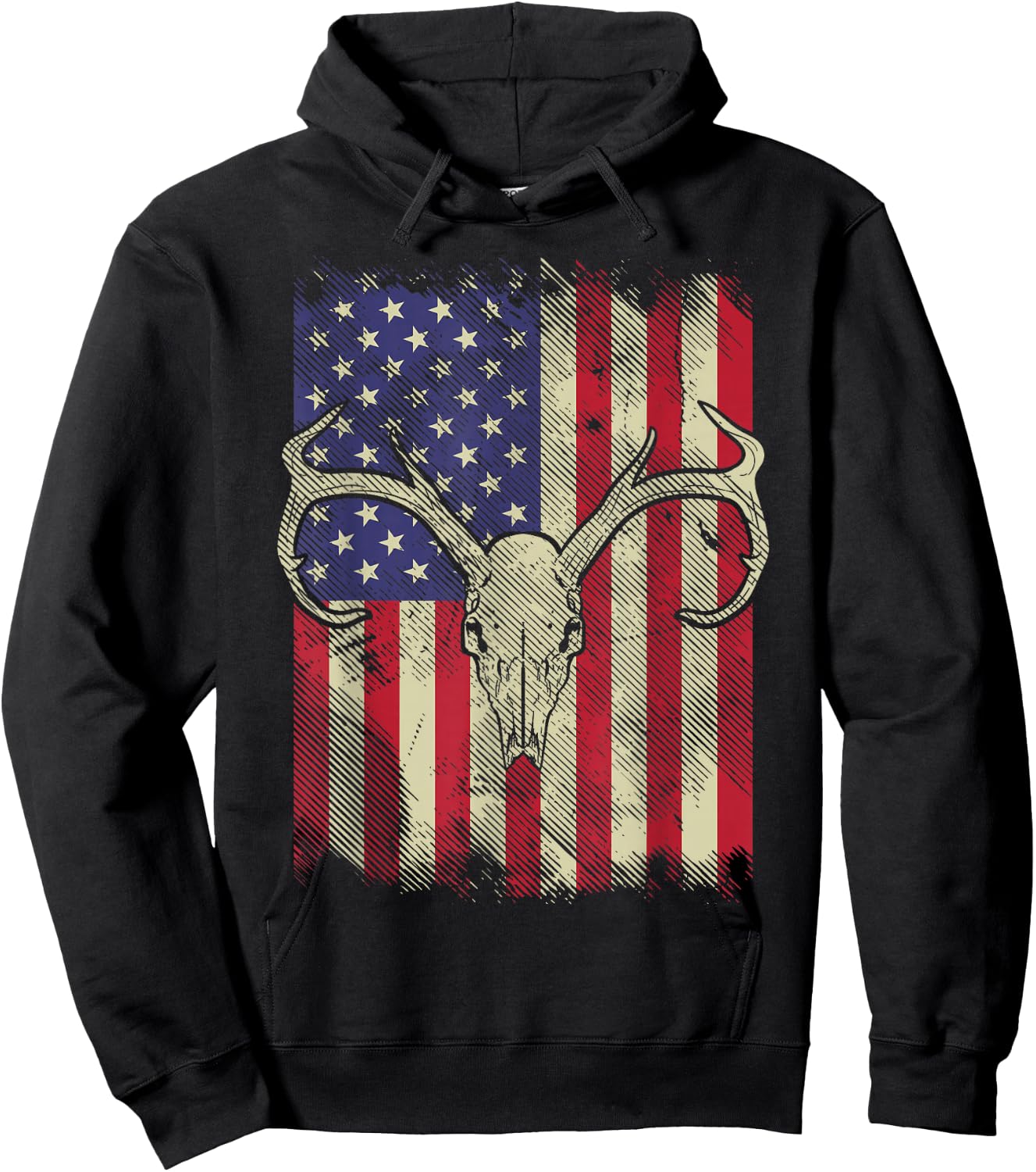 Deer Skull American Flag Hunting Vintage USA Hunter Gift Hoodie - Hoodie | Black