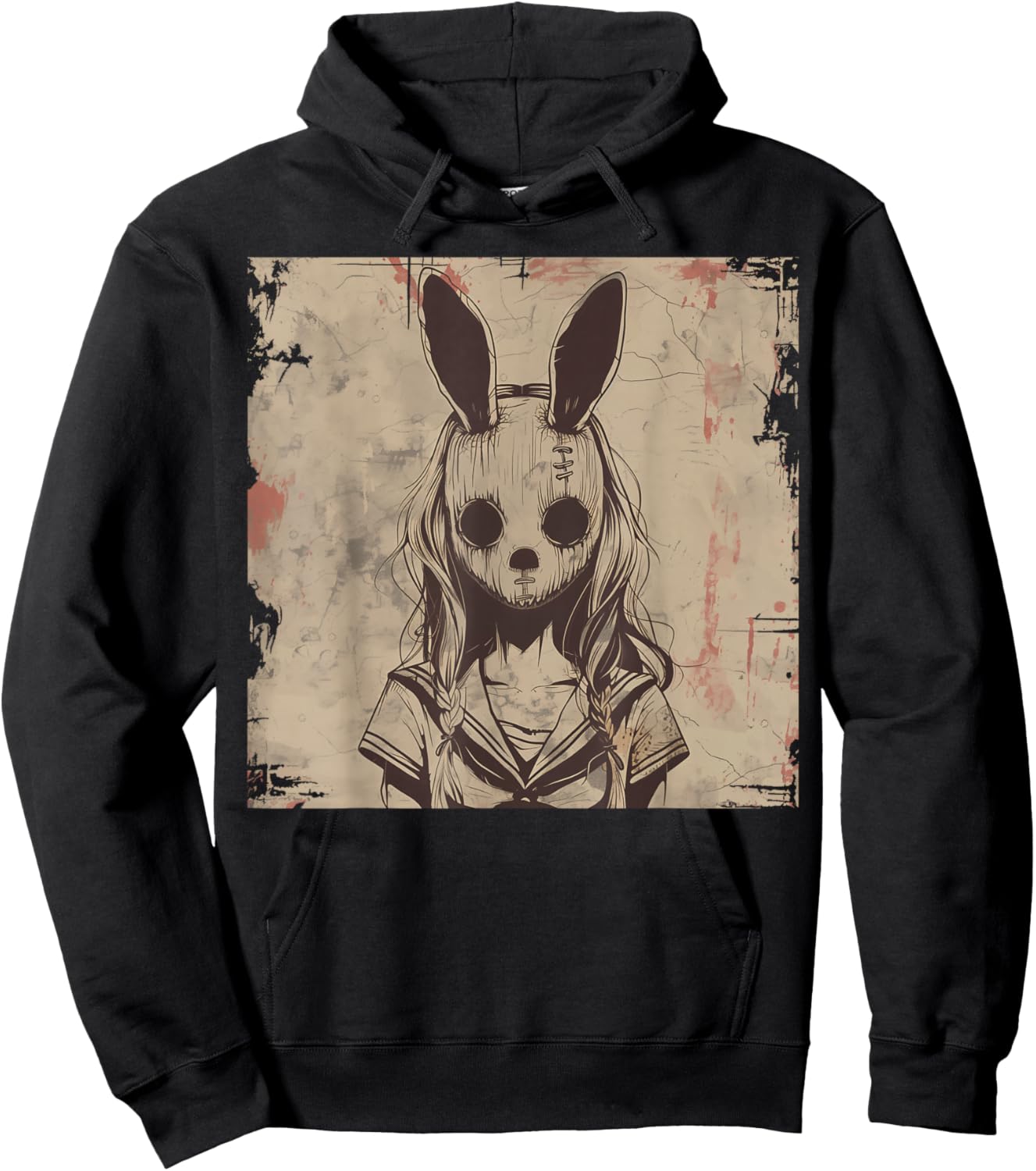 Goth Grunge Creepy Bunny Rabbit Mask Girl Anime Horror Art Hoodie - Hoodie | Black