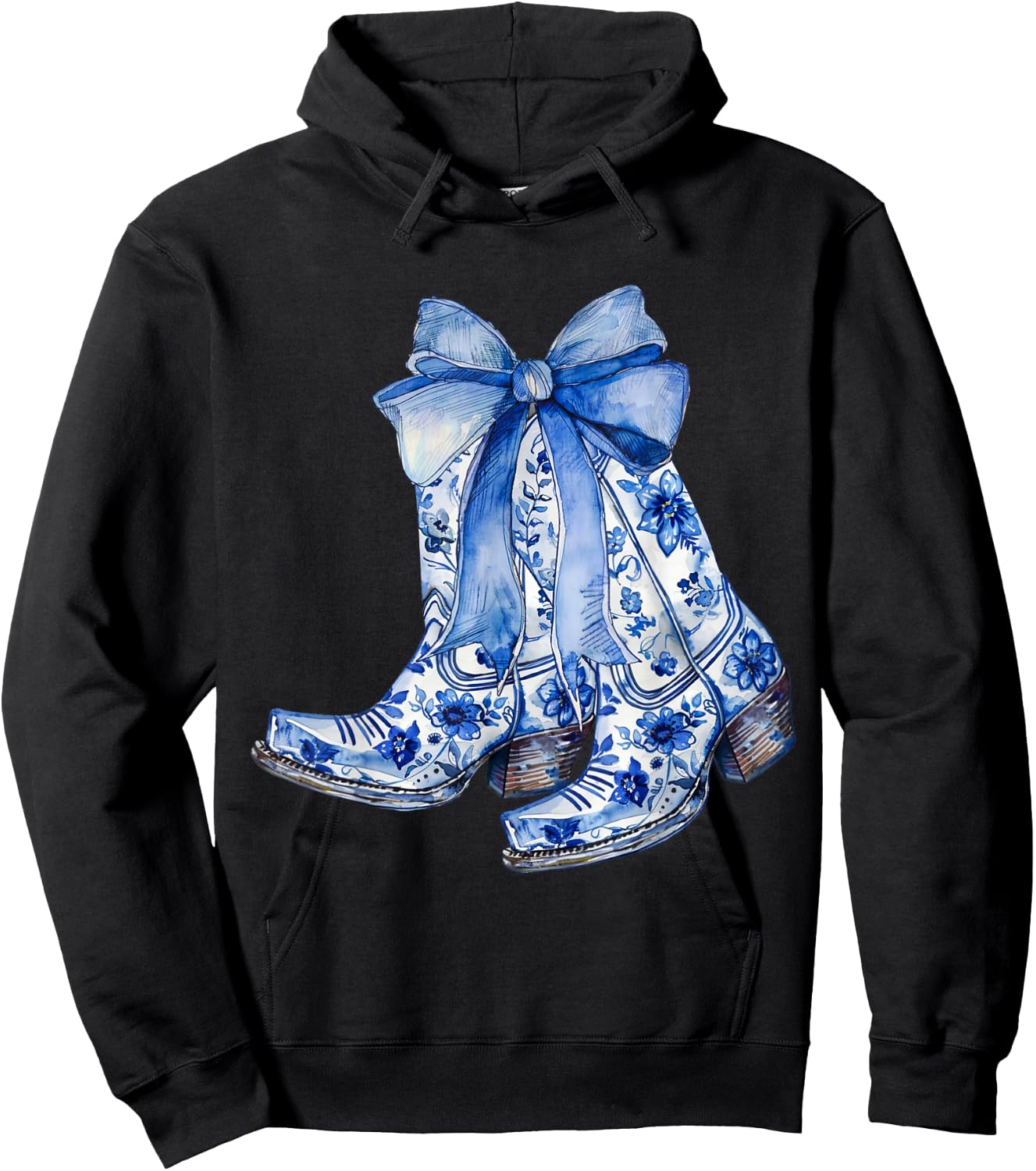 Coquette Blue Floral Boots Bow Cowboy Cowgirl Hoodie - Hoodie | Black