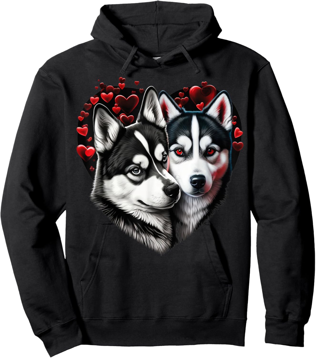 Two Husky Dogs Valentines Day Love on Couple Siberian Husky Hoodie - Hoodie | Black