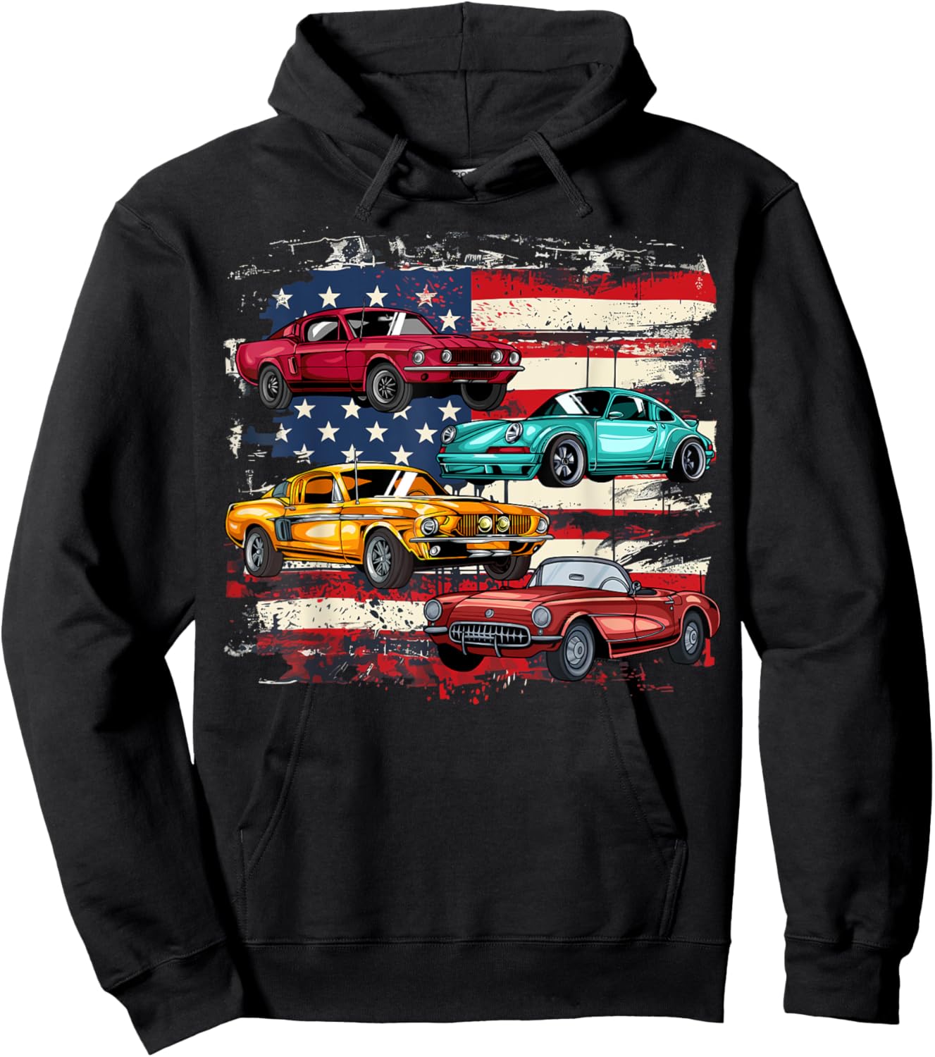 Classic Muscle Car Retro American Flag Patriotic Vintage Girls Kids Men Hoodie - Hoodie | Black