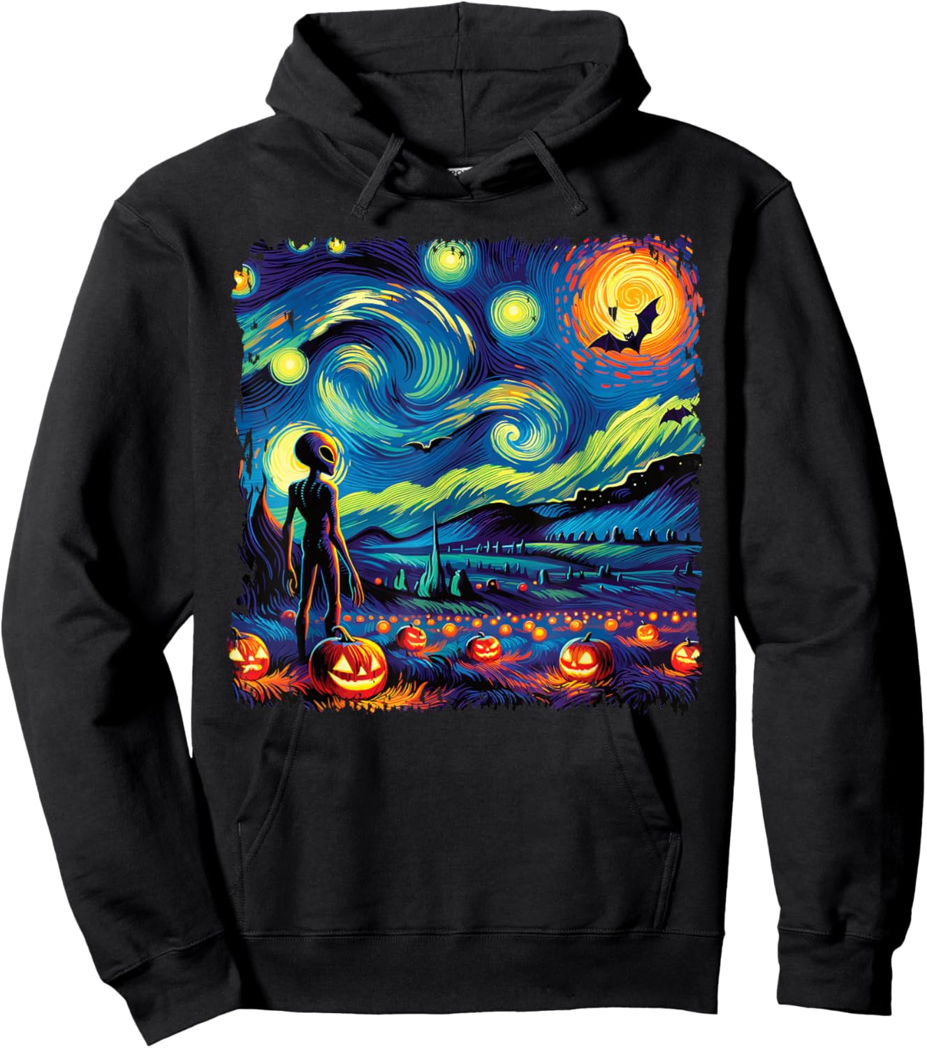 Van Gogh Starry Night Alien Man Halloween Fall Pumpkin Bats Hoodie - Hoodie | Black
