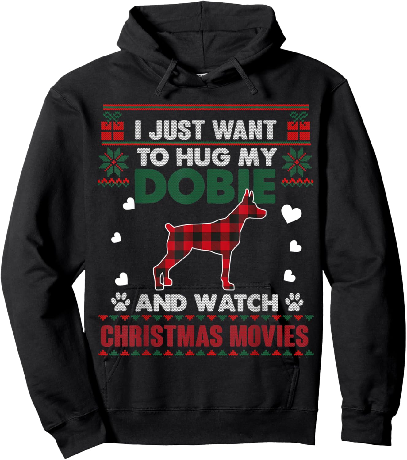 Doberman Dog Owner Christmas Movies Pajama Xmas Ugly Sweater Hoodie - Hoodie | Black