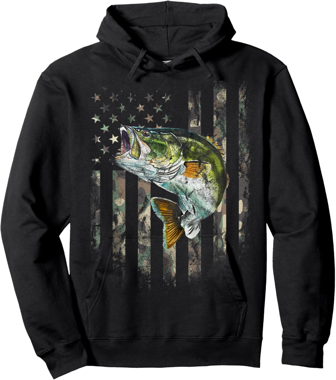 Camo American Flag Bass Fishing Fishermen Patriotic USA Flag Hoodie - Hoodie | Black