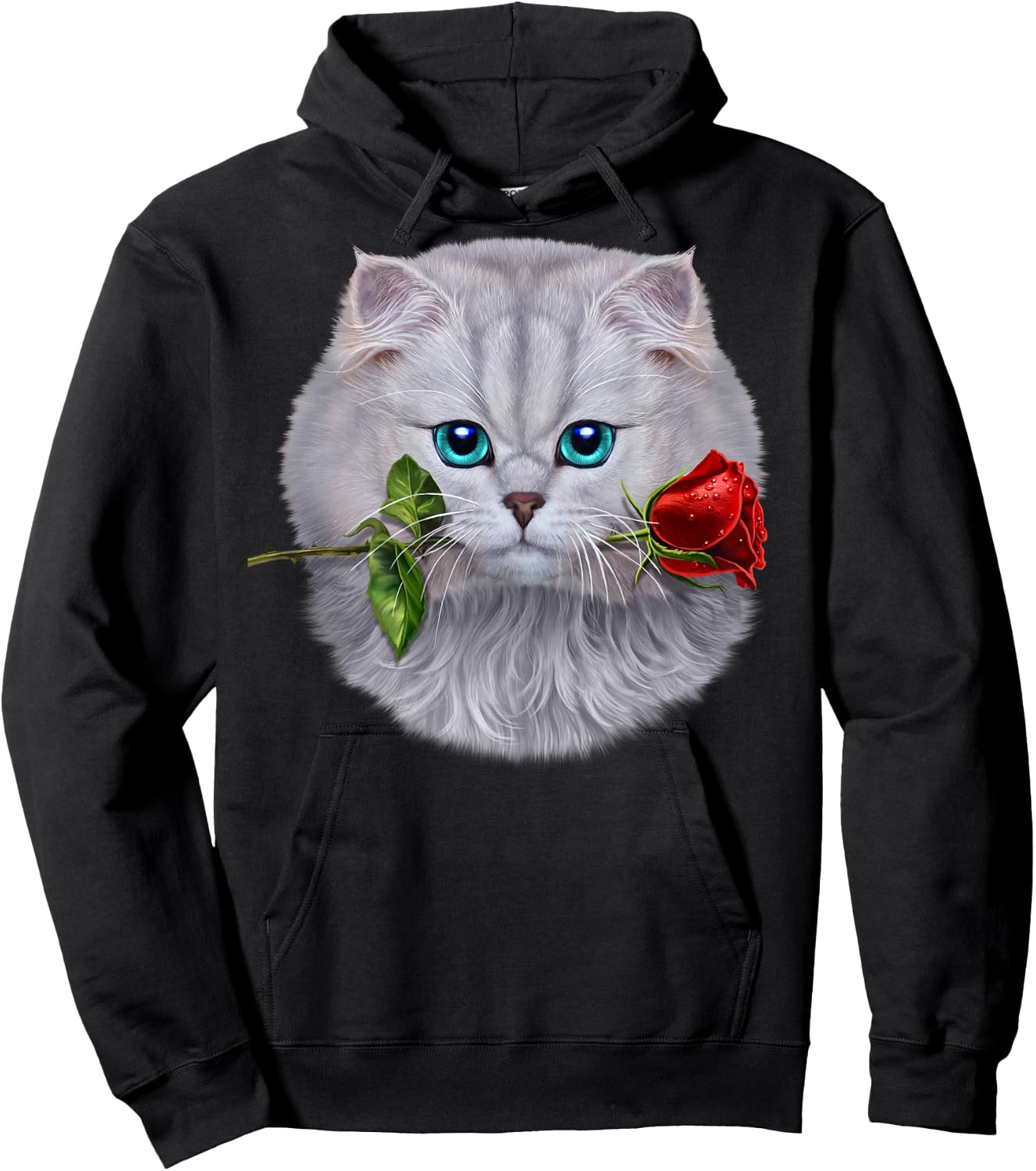 Romantic Fluffy White Cat Biting on a Rose Flower Hoodie - Hoodie | Black