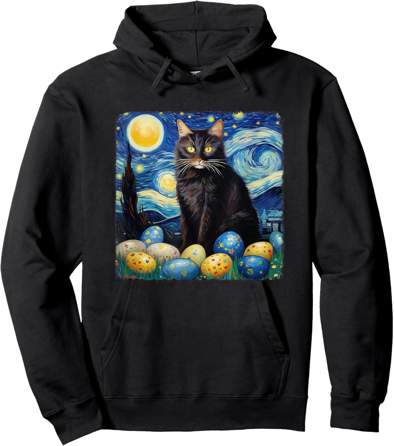 Easter Cat Starry Night by Vincent van Gogh Easter Egg Hoodie - Hoodie | Black