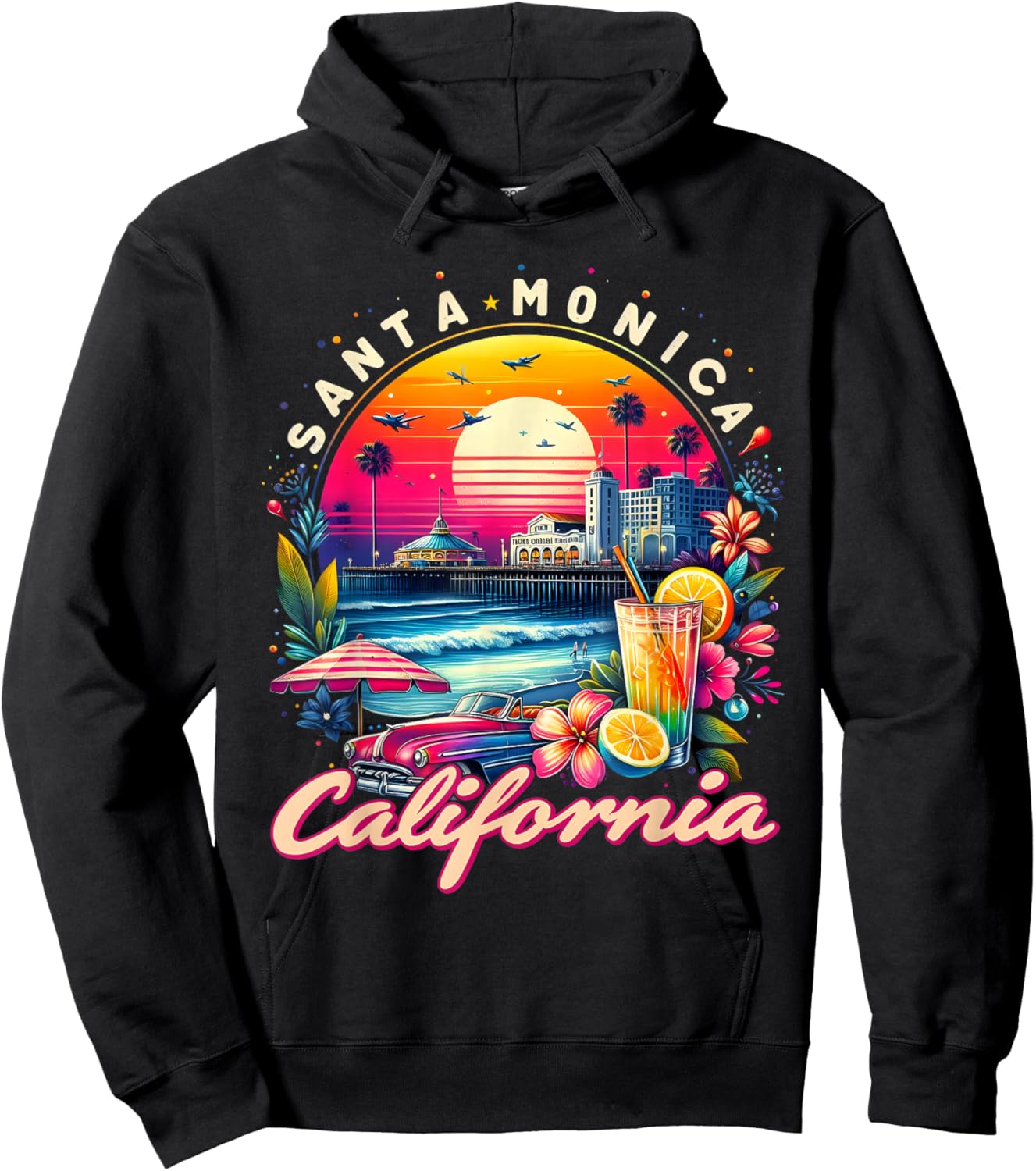 Sunset Vibes Santa Monica Trip Retro Santa Monica California Hoodie - Hoodie | Black