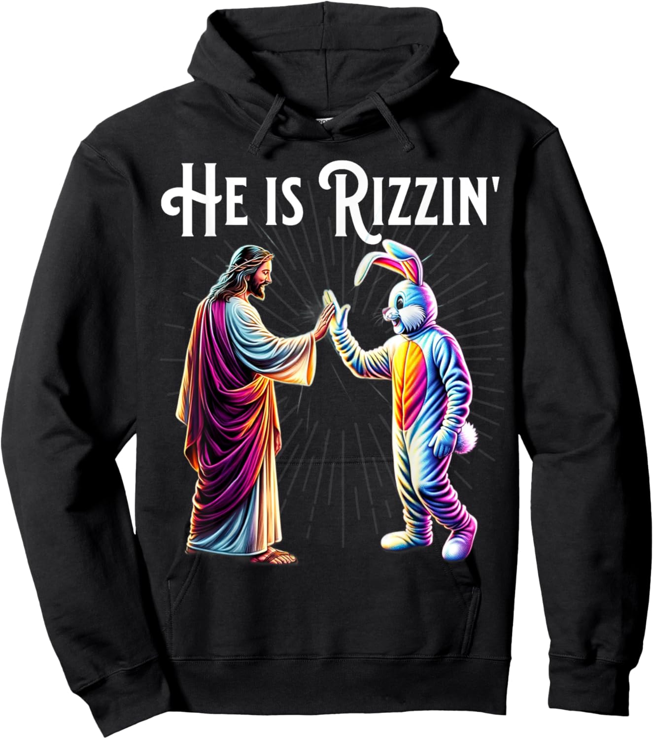 Funny Rizz He is Rizzin Jesus High Five Easter Bunny Hoodie - Hoodie | Black