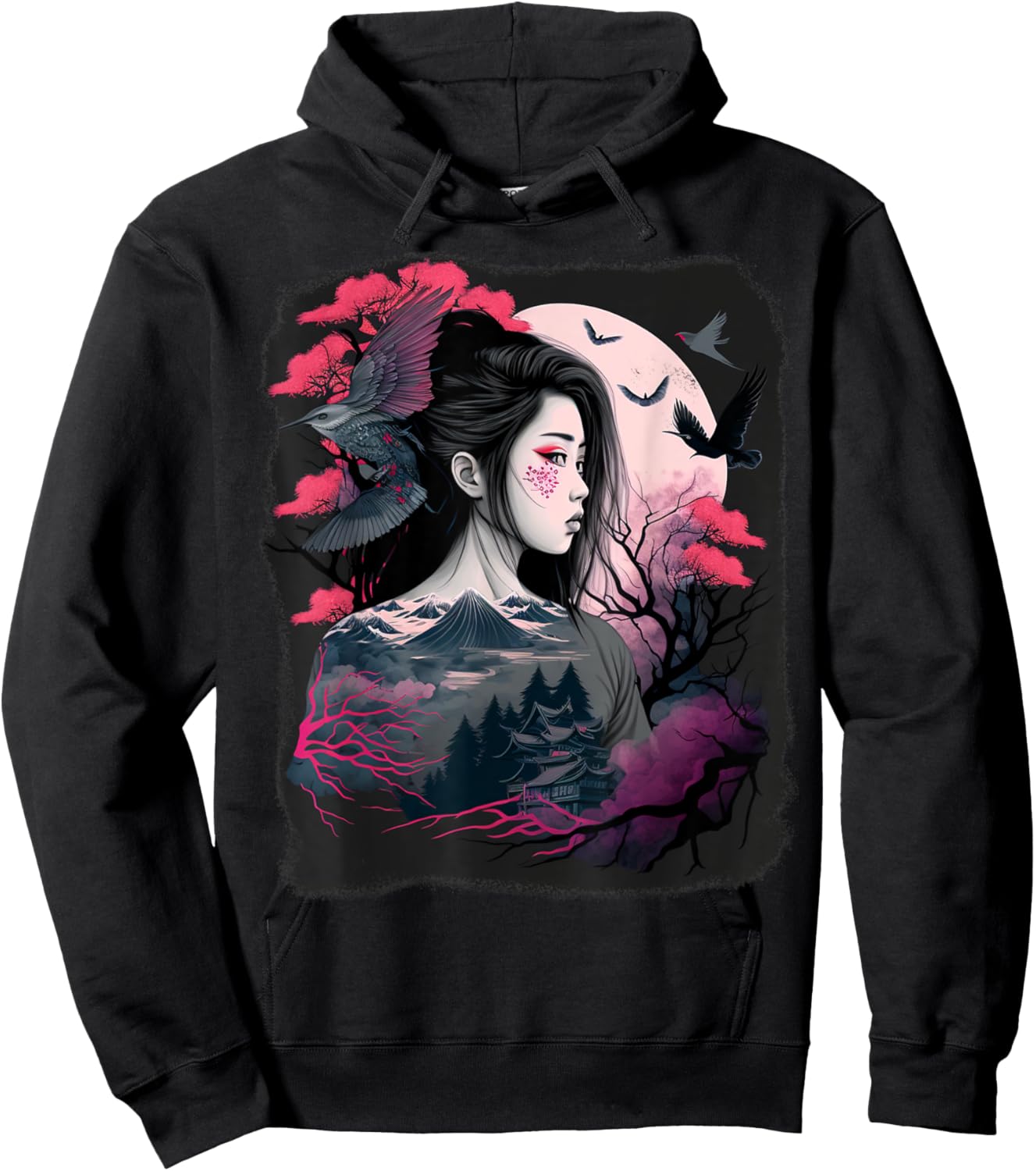 Japanese Samurai Girl Sakura Cherry Blossom Aesthetic Moon Hoodie - Hoodie | Black