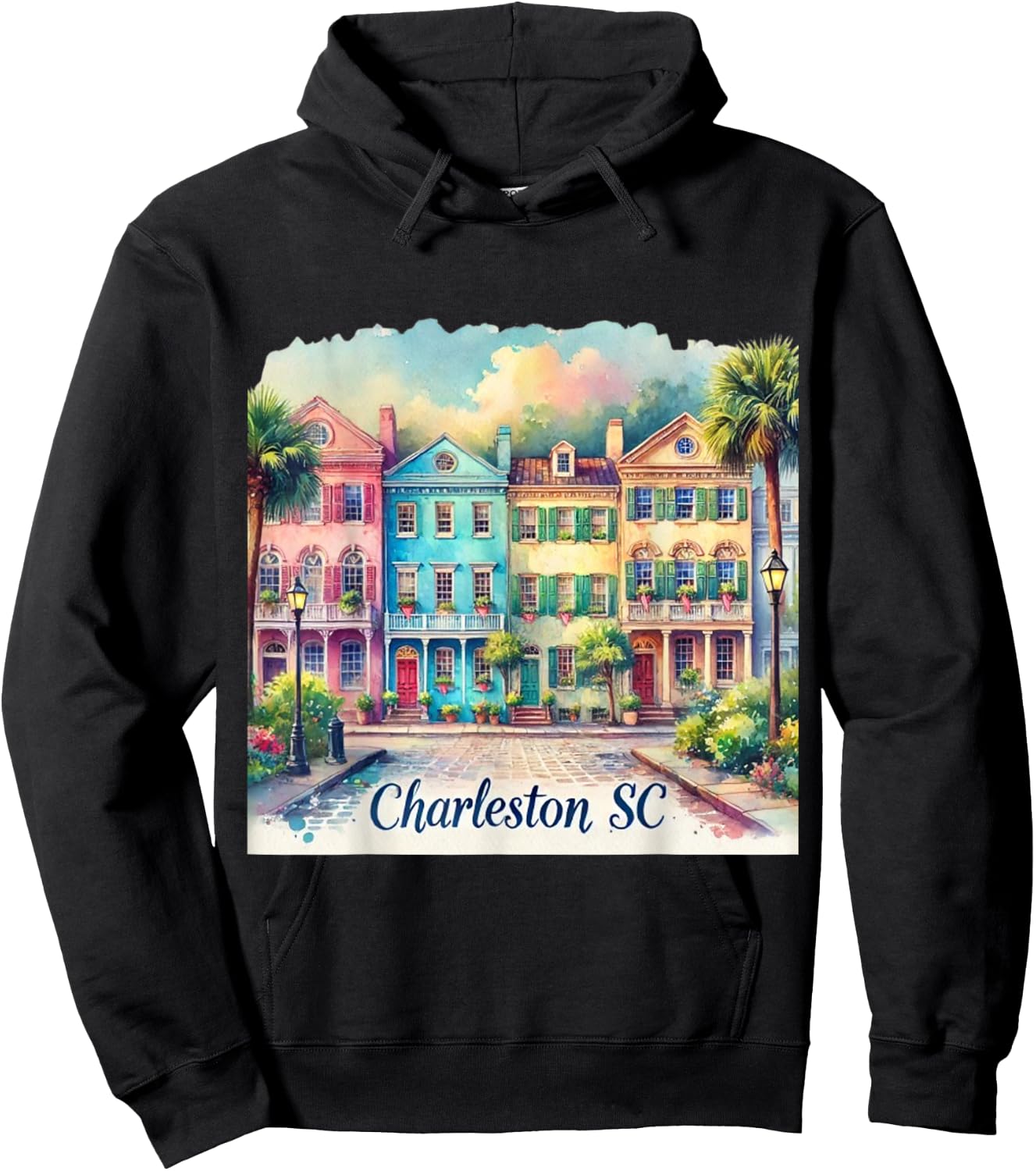 Charleston SC Rainbow Row Colorful Houses Hoodie - Hoodie | Black