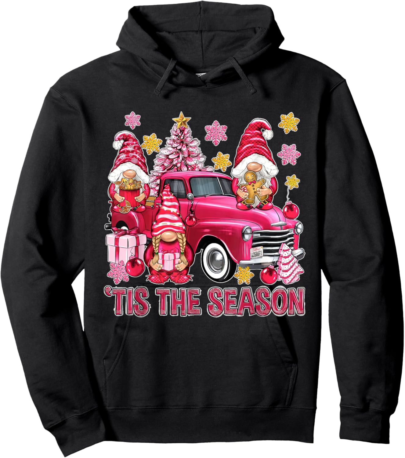 Tis The Season Pink Christmas Gnomes Pink Truck Xmas Holiday Hoodie - Hoodie | Black