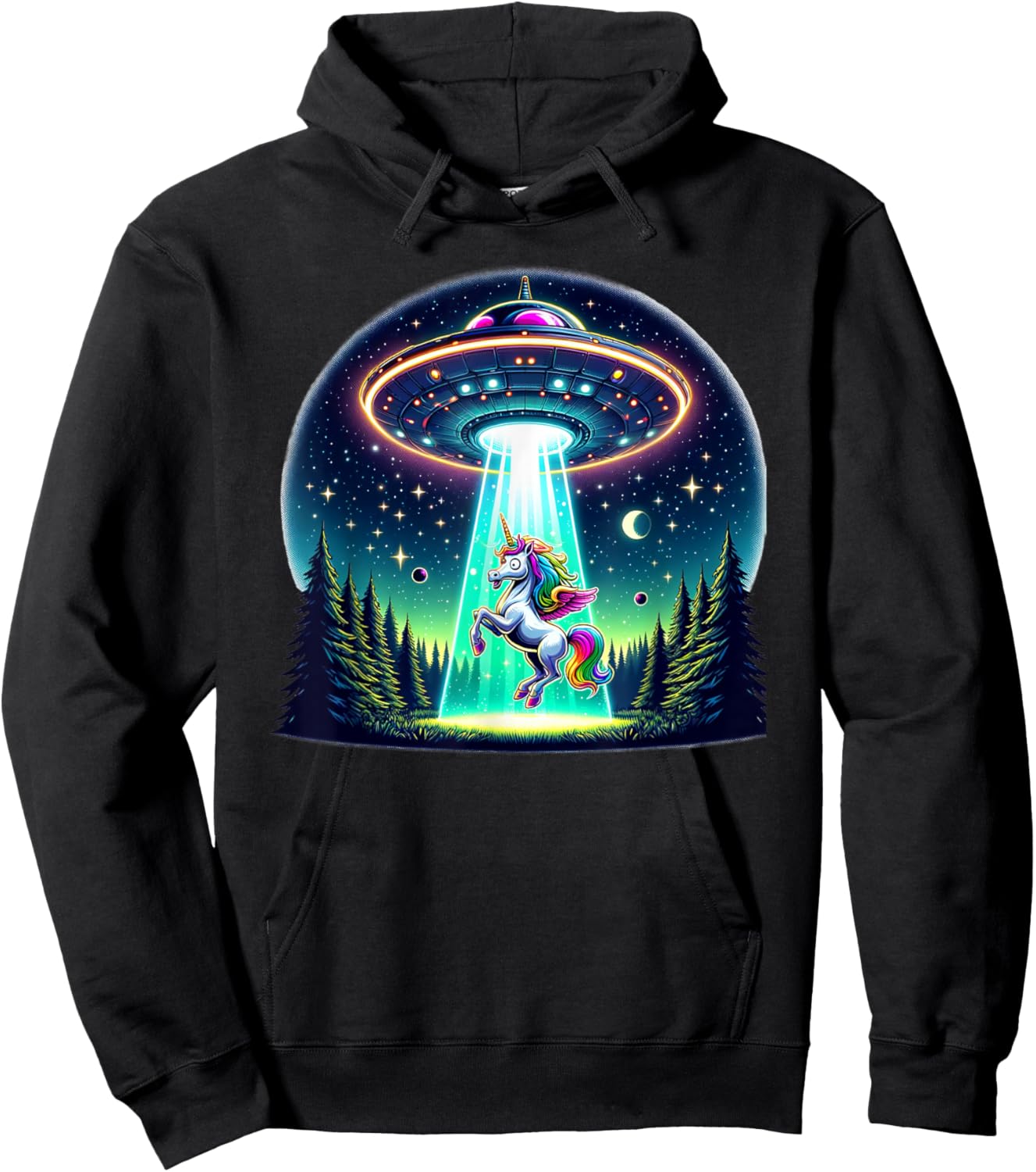 Rainbow Unicorn Abduction Alien Invasion Funny UFO Spaceship Hoodie - Hoodie | Black