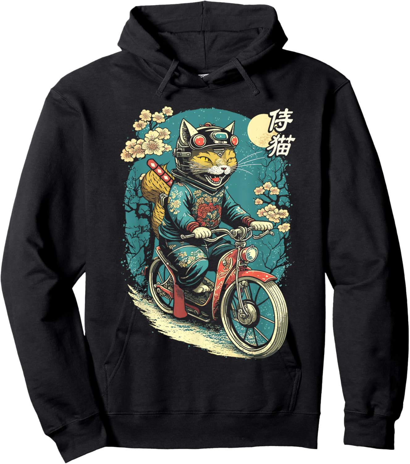 Japanese Samurai Cat on Motorcycle Kawaii Ninja Cat Men Women Kids Hoodie - Hoodie | Black
