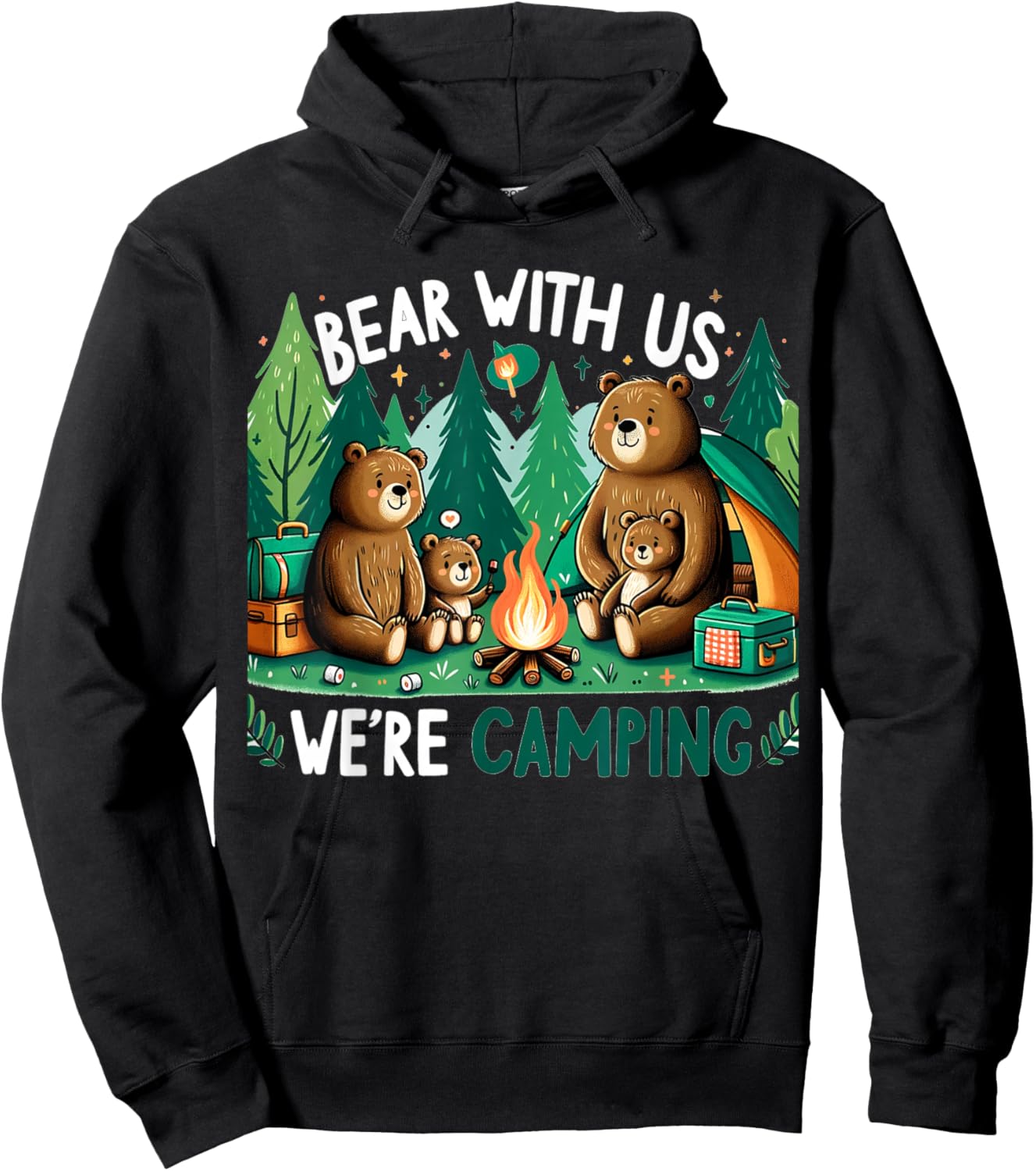Bear With Us, We’re Camping Campfire Family Camping Trip Hoodie - Hoodie | Black