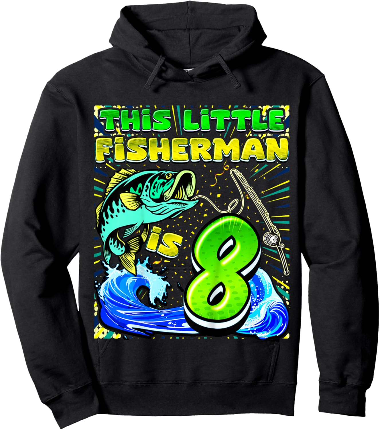 Kids Fishing Birthday Shirt 8 Year Old Boy Fisher 8th Bday Kids Hoodie - Hoodie | Black