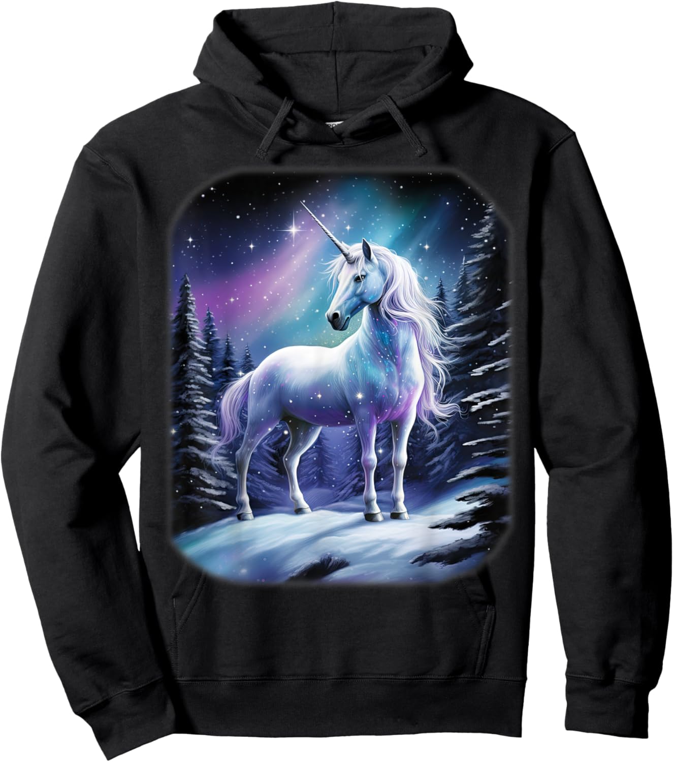 Fantasy white Unicorn standing in the snowy forest Hoodie - Hoodie | Black