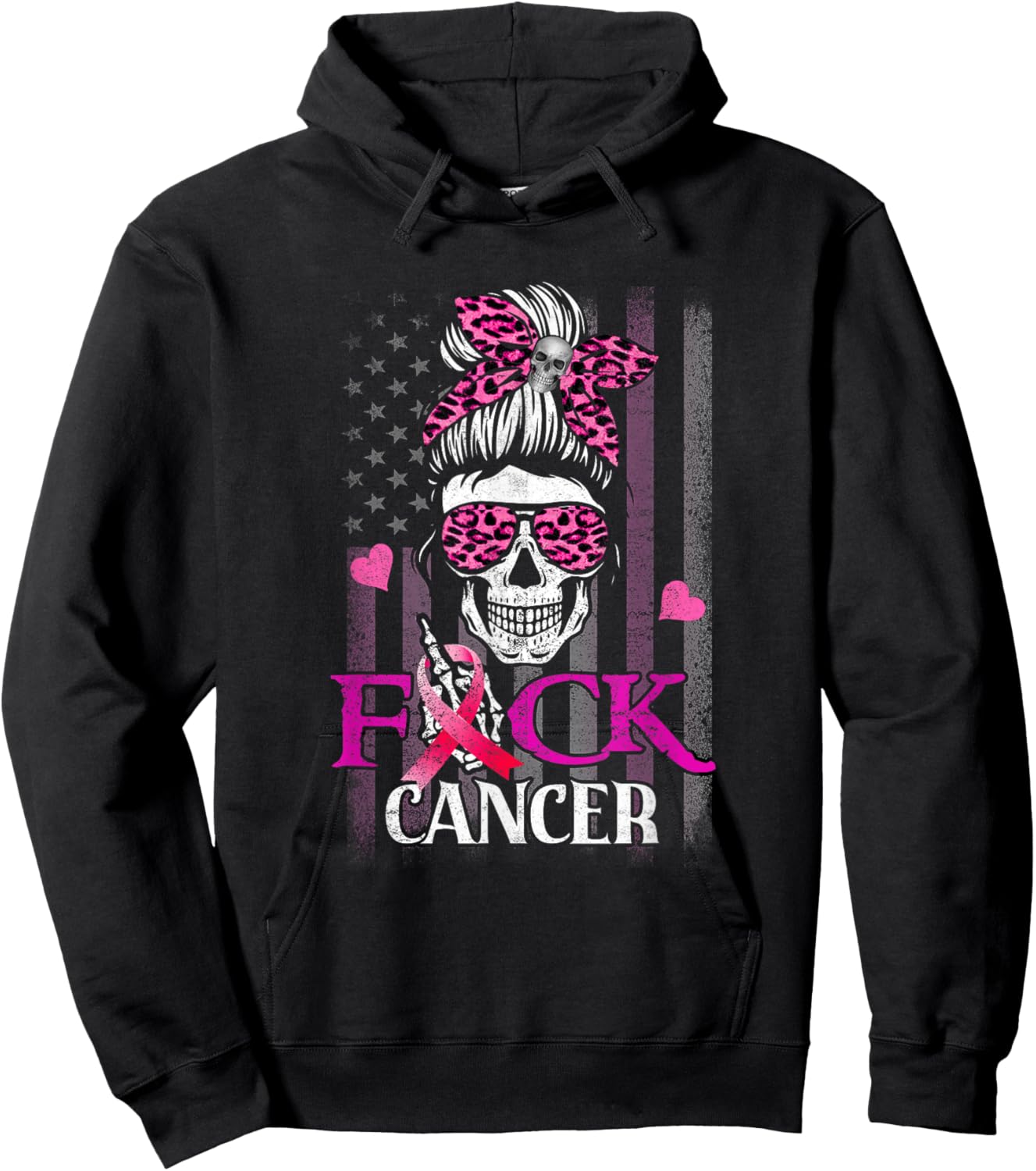 Messy Bun Skull Breast Cancer Awareness Fuck-Cancer USA Flag Hoodie - Hoodie | Black