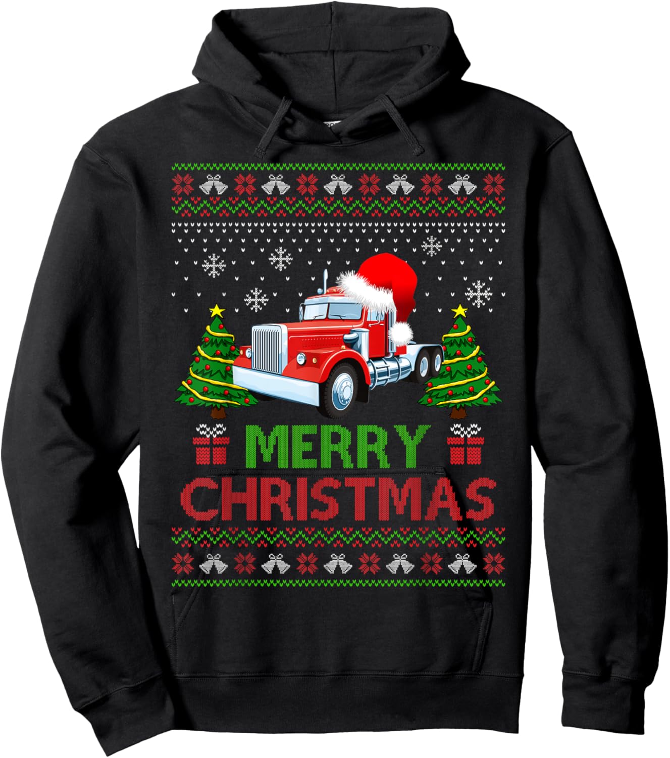 Merry Christmas Red Semi Truck Santa Hat Ugly Xmas Men Boys Hoodie - Hoodie | Black