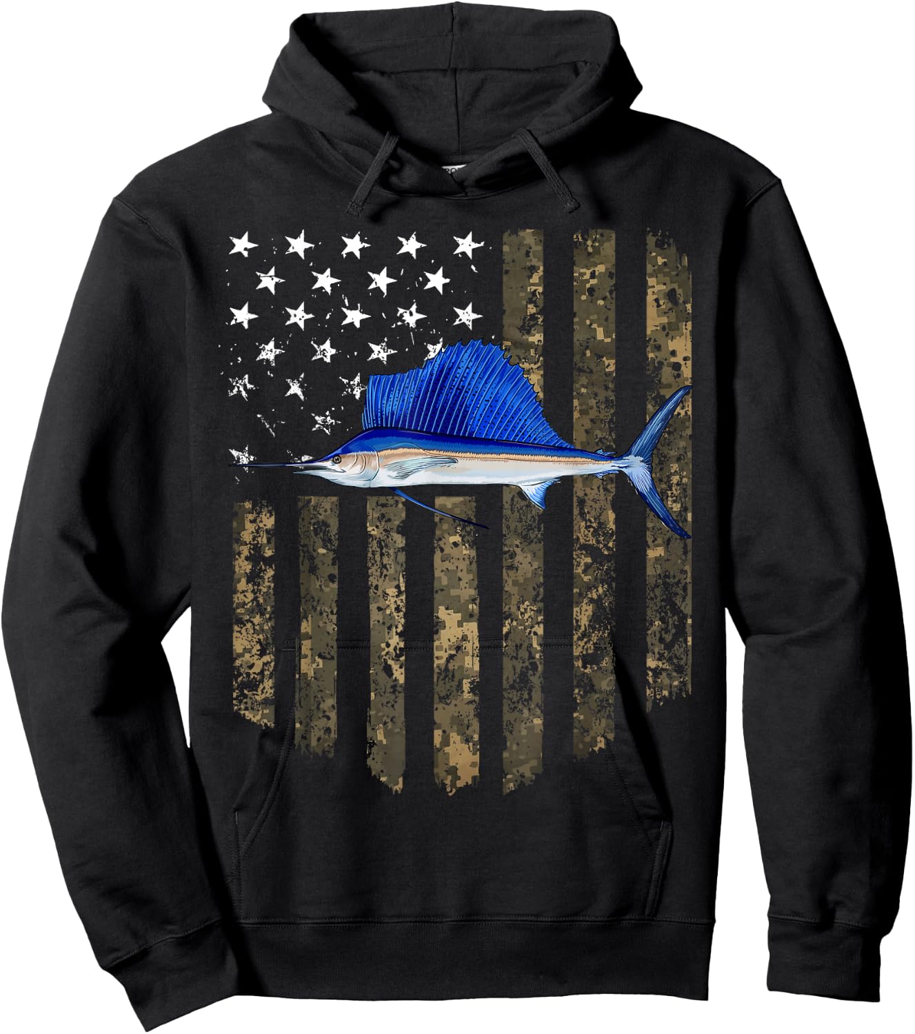 Camo American Flag Sailfish Fishing 4th Of July Men Hoodie - Hoodie | Black