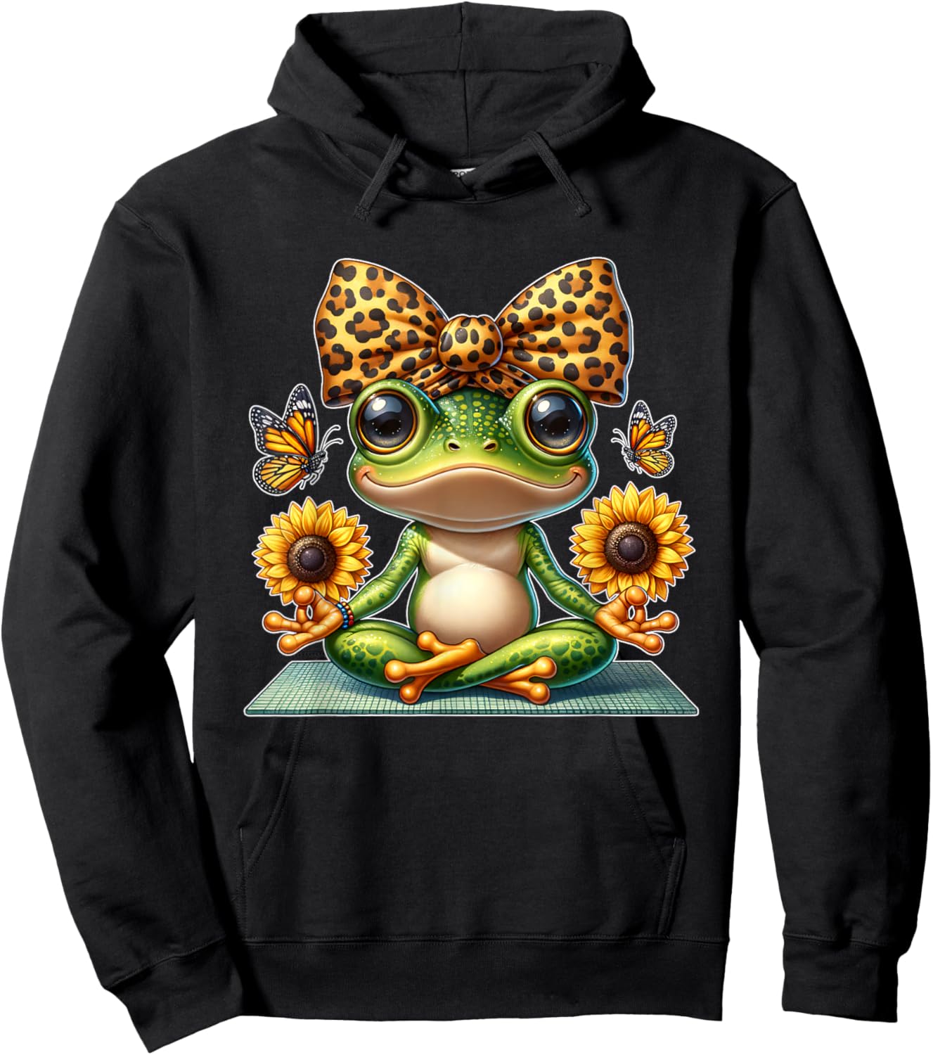 Cute Frog Yoga with Sunflowers and Butterflies Hoodie - Hoodie | Black