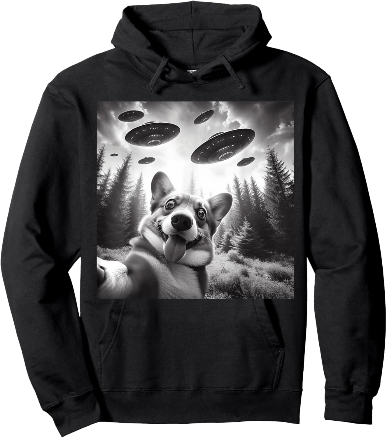 Corgi Dog Taking Selfie with UFOs Outer Space Alien Geeks Men Women Kids Hoodie - Hoodie | Black