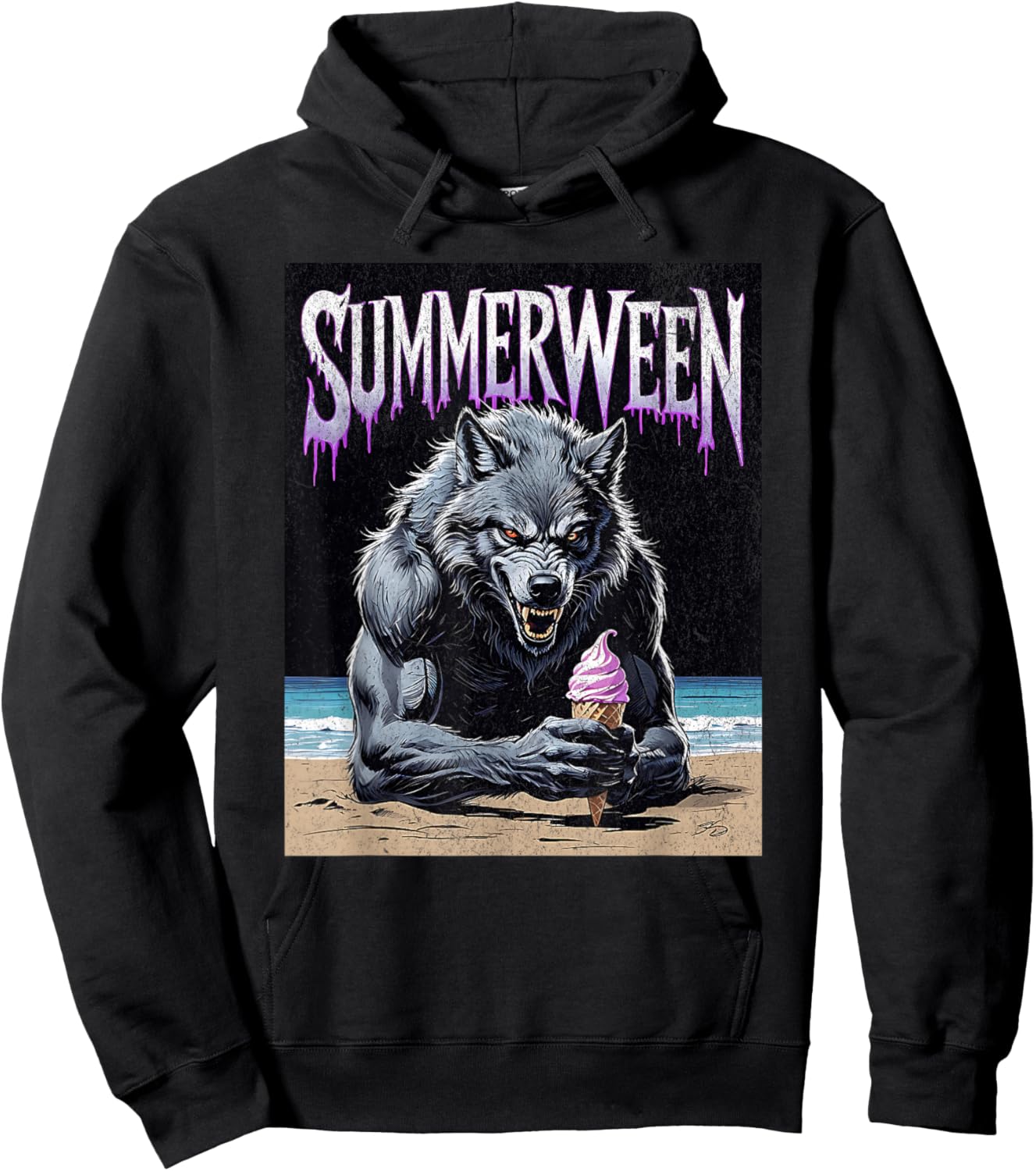 Summerween Werewolf Ice Cream Gothic Halloween Beach Hoodie - Hoodie | Black