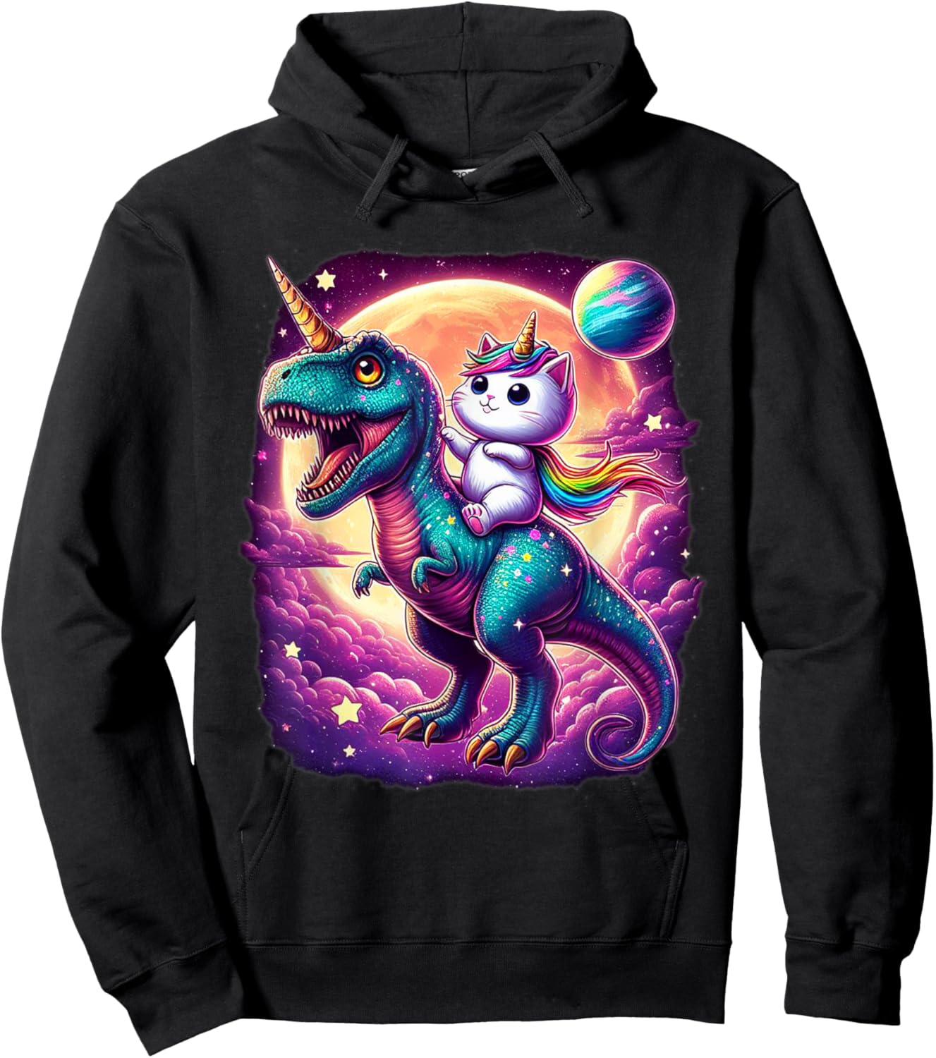 Cat Unicorn Riding Dinosaur T rex Kitten Lover Space Galaxy Hoodie - Hoodie | Black