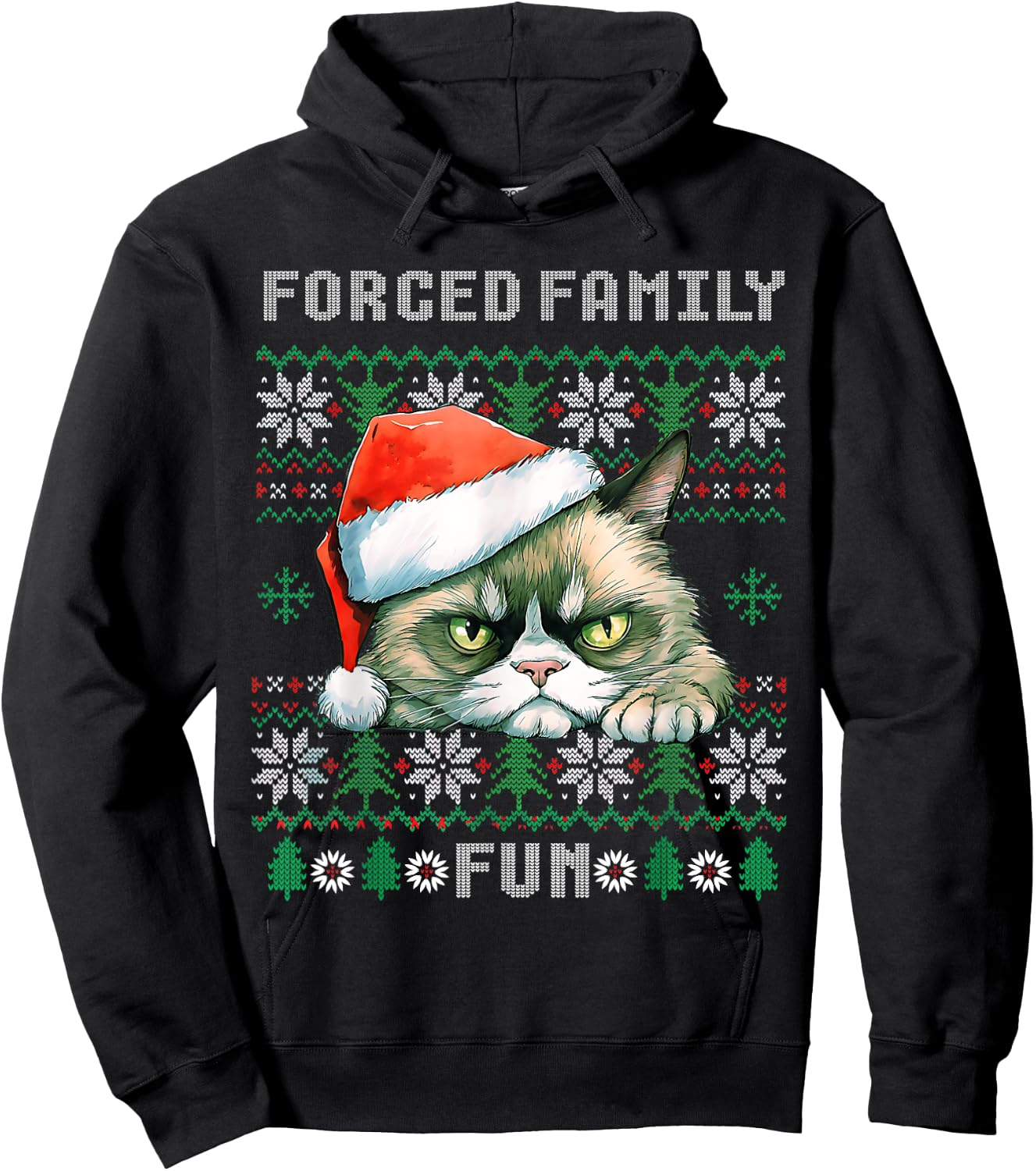Forced Family Xmas Fun Funny Cat Lover Men Women Christmas Hoodie - Hoodie | Black