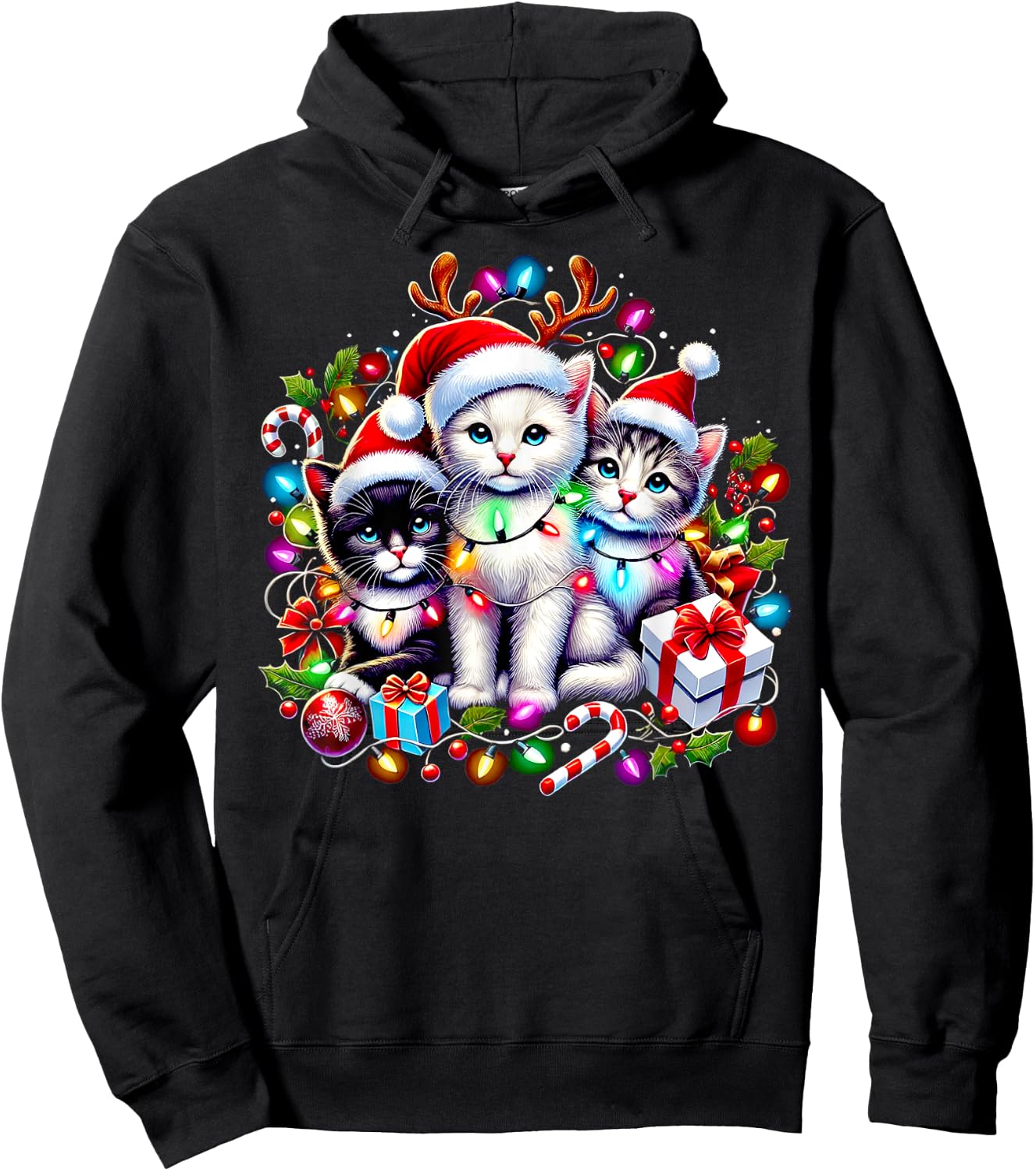 Cute Kittens Christmas Cheer Santa Hats Lights Cats Kittys Hoodie - Hoodie | Black
