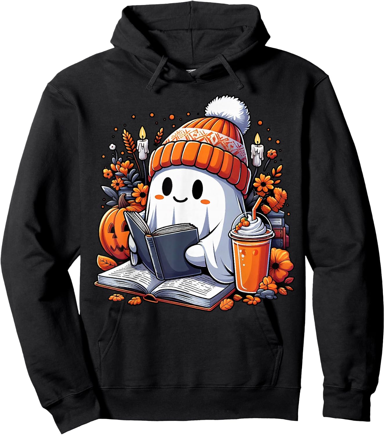 Ghost Drinking Coffee Book Reading Halloween Pumpkin Flower Hoodie - Hoodie | Black