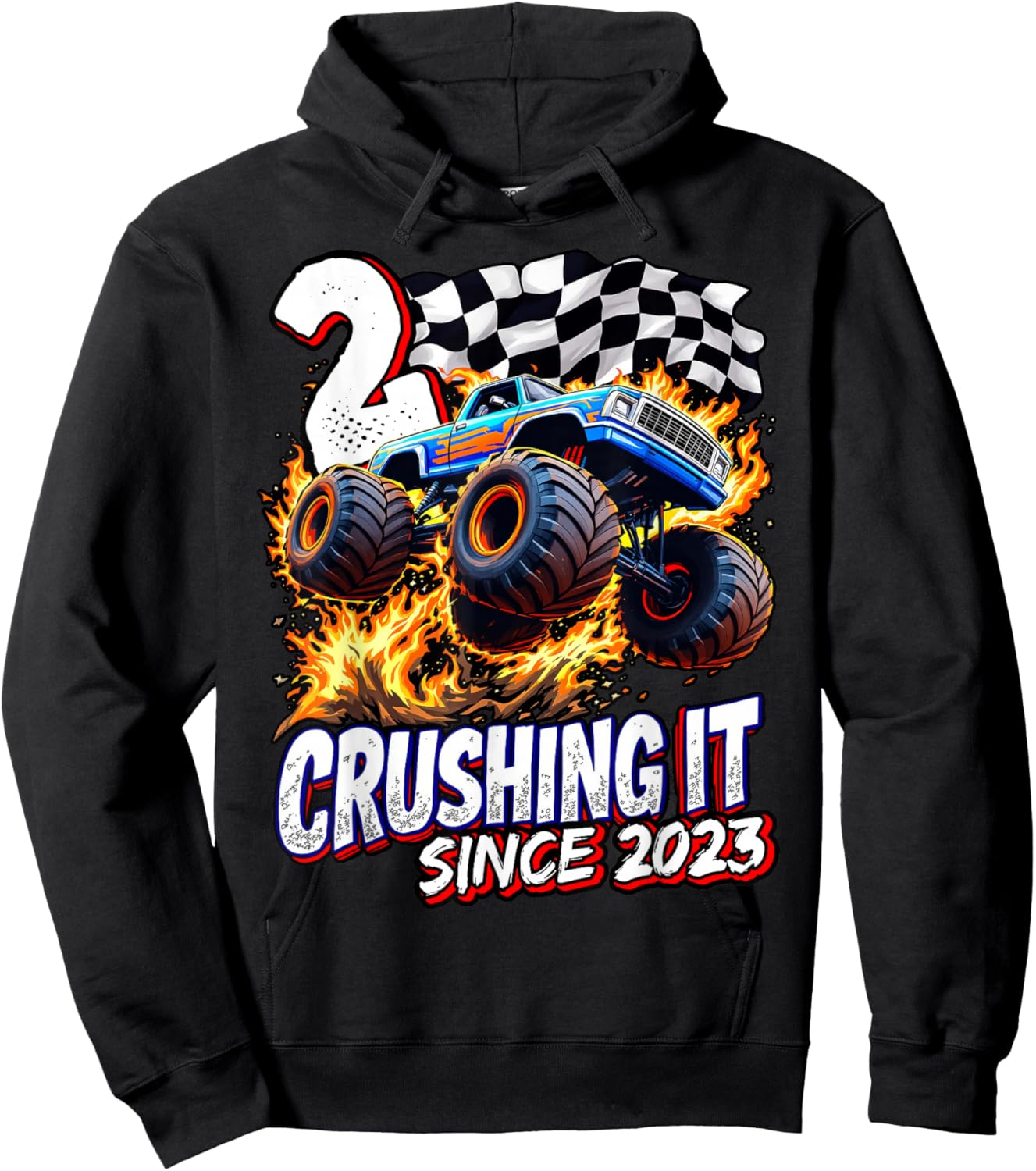 Birthday Monster Truck 2 Year Old Boys 2nd Party Born 2023 Hoodie - Hoodie | Black