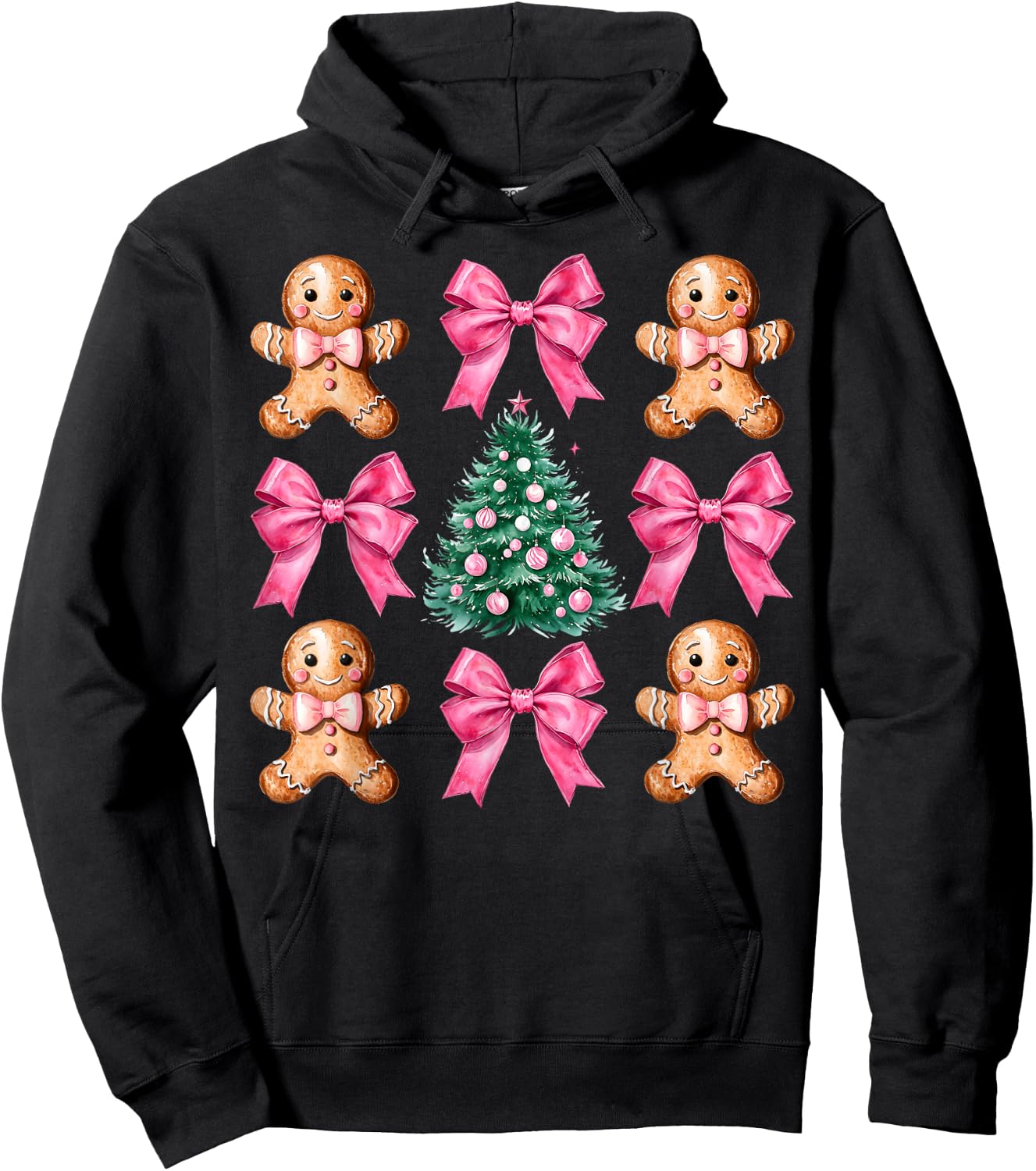 Cute Coquette Pink Bow Xmas Gingerbread Man Christmas Tree Hoodie - Hoodie | Black