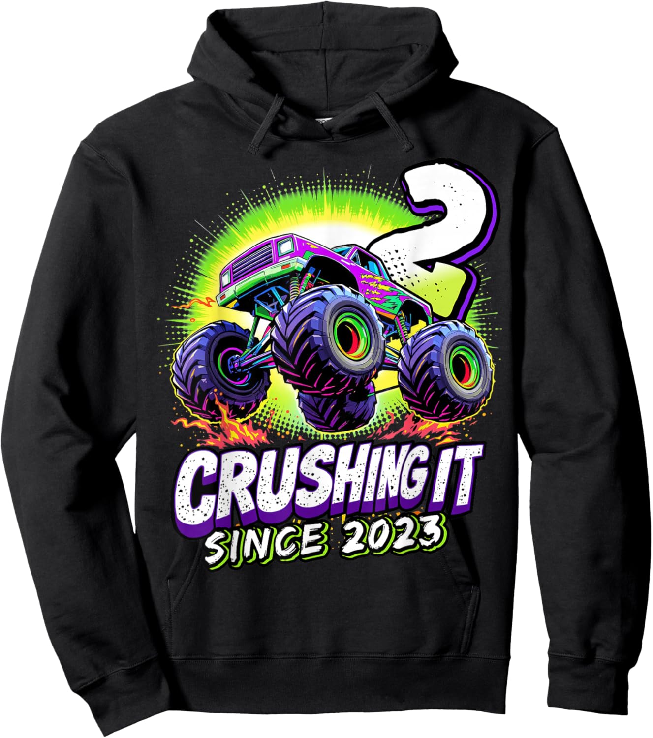 Birthday Monster Truck 2 Year Old Boys 2nd Party Born 2023 Hoodie - Hoodie | Black