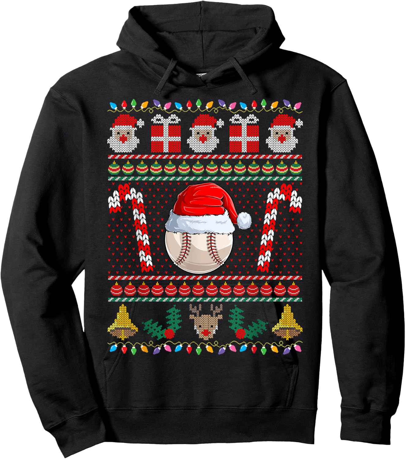 Baseball Christmas Santa Ugly Sweater Holiday Pajama Hoodie - Hoodie | Black