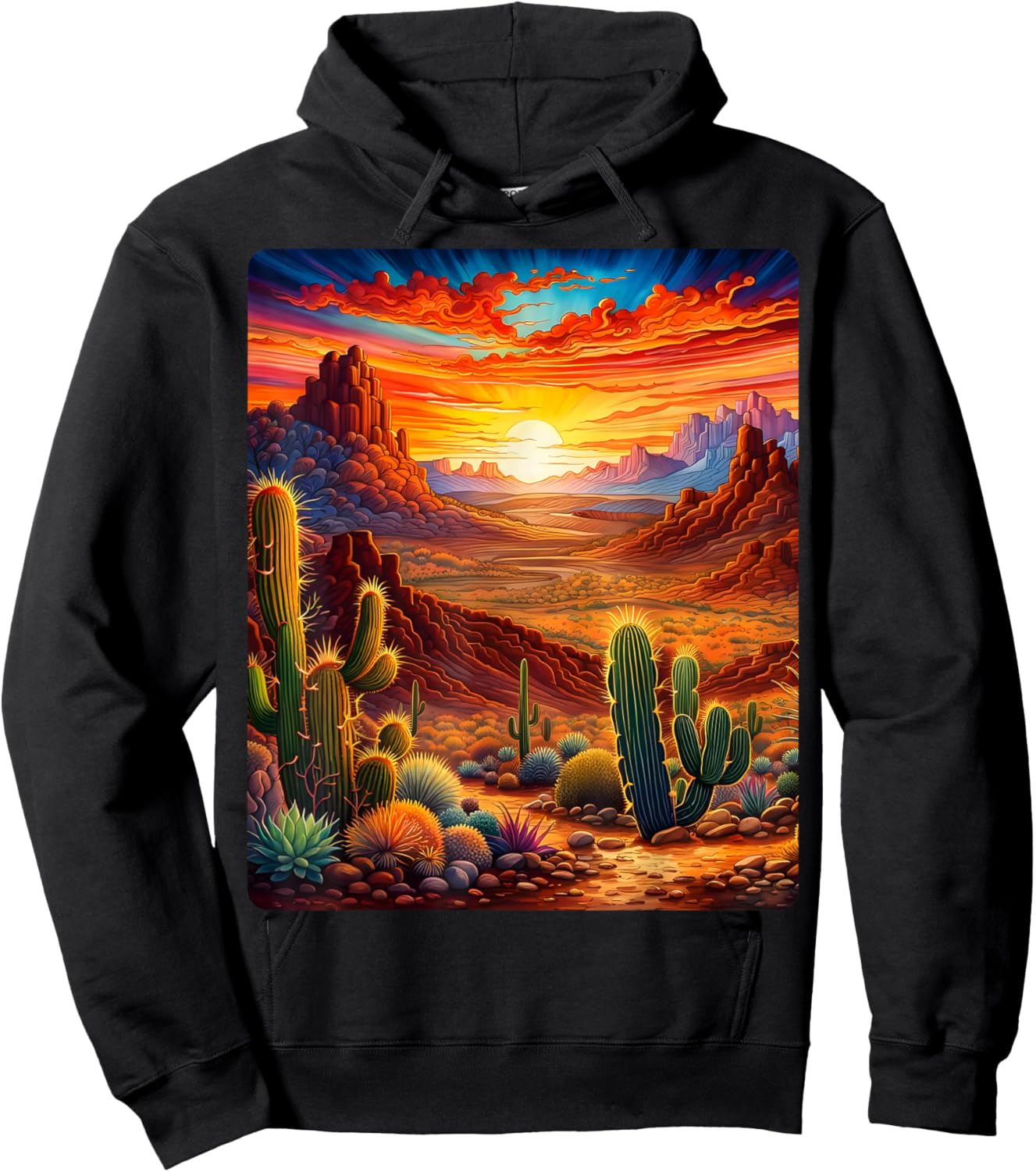 Valley Desert Sunset Sunrise Cactus Mountains Nature Clouds Hoodie - Hoodie | Black