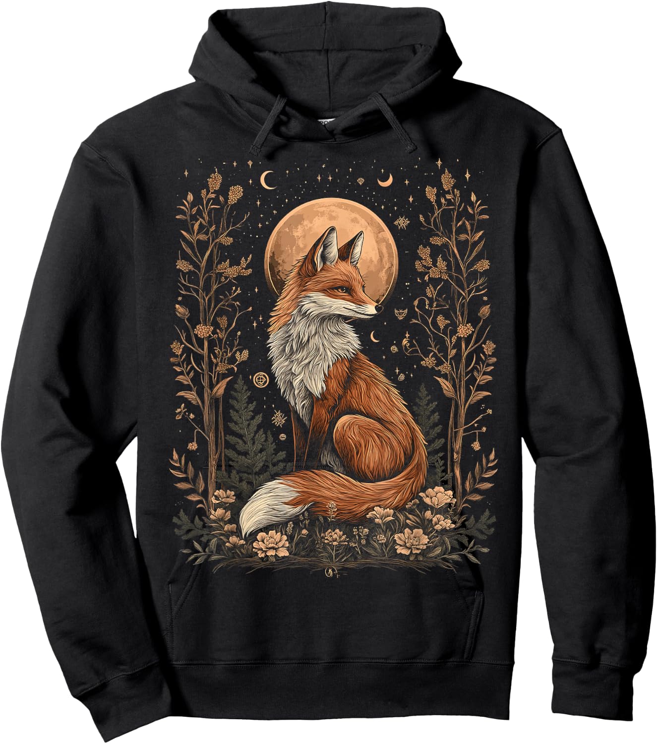 Mystic Moon and Moonphase Fox Mystical Flowers Aesthetic Hoodie - Hoodie | Black