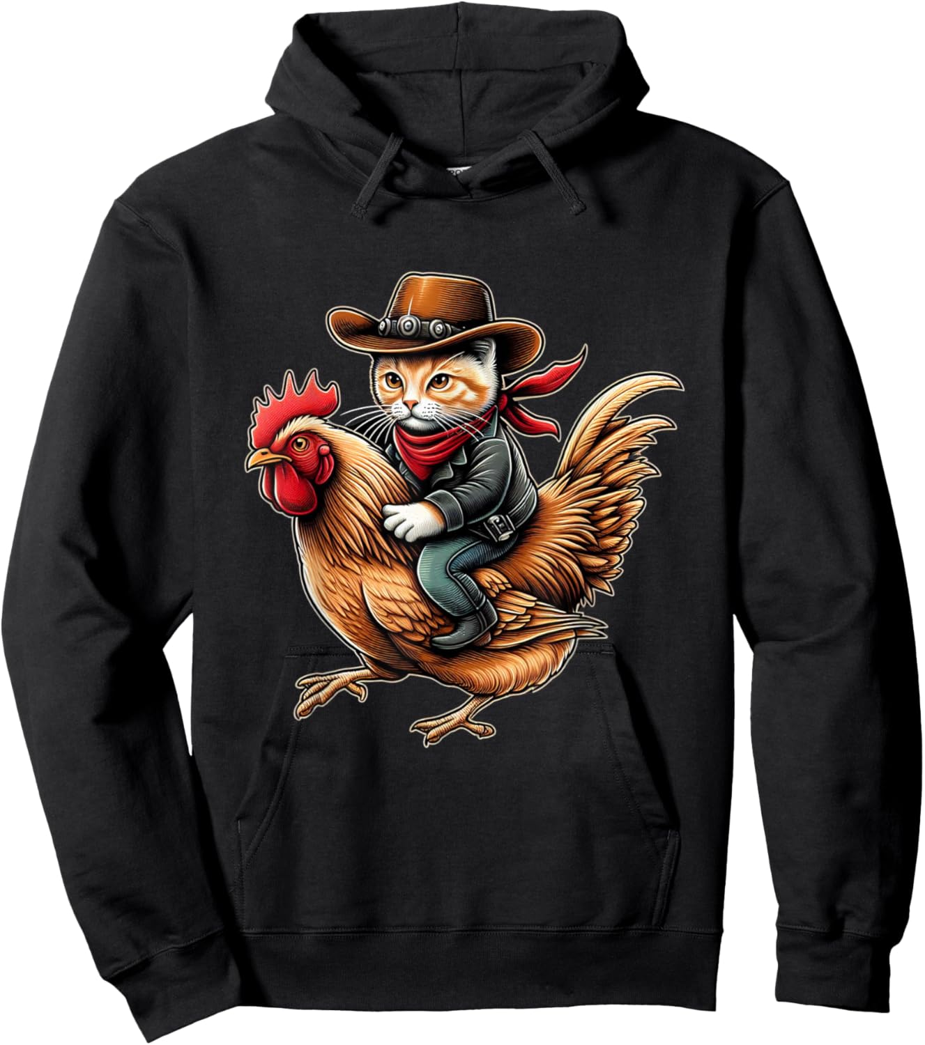 Cowboy Cat Riding Chicken Funny Western Vintage Design Hoodie - Hoodie | Black
