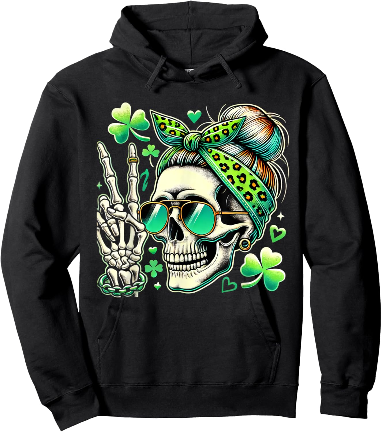 St Patricks Day Skull Messy Bun Saint Pattys Paddys Women Hoodie - Hoodie | Black